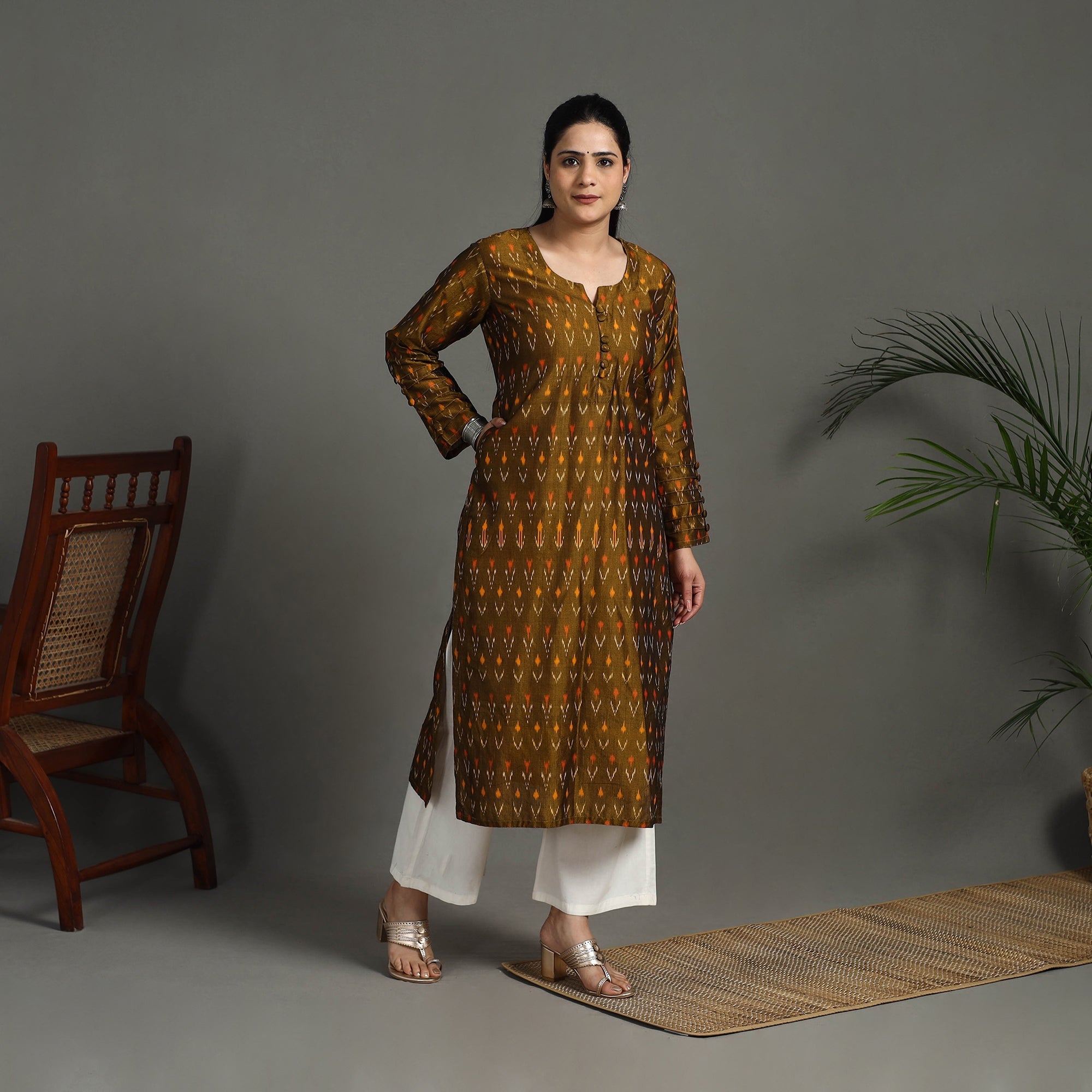 ITOKRI CASUALS Brown - Mercerised Cotton Straight Pochampally Ikat Kurta 15 - view 3