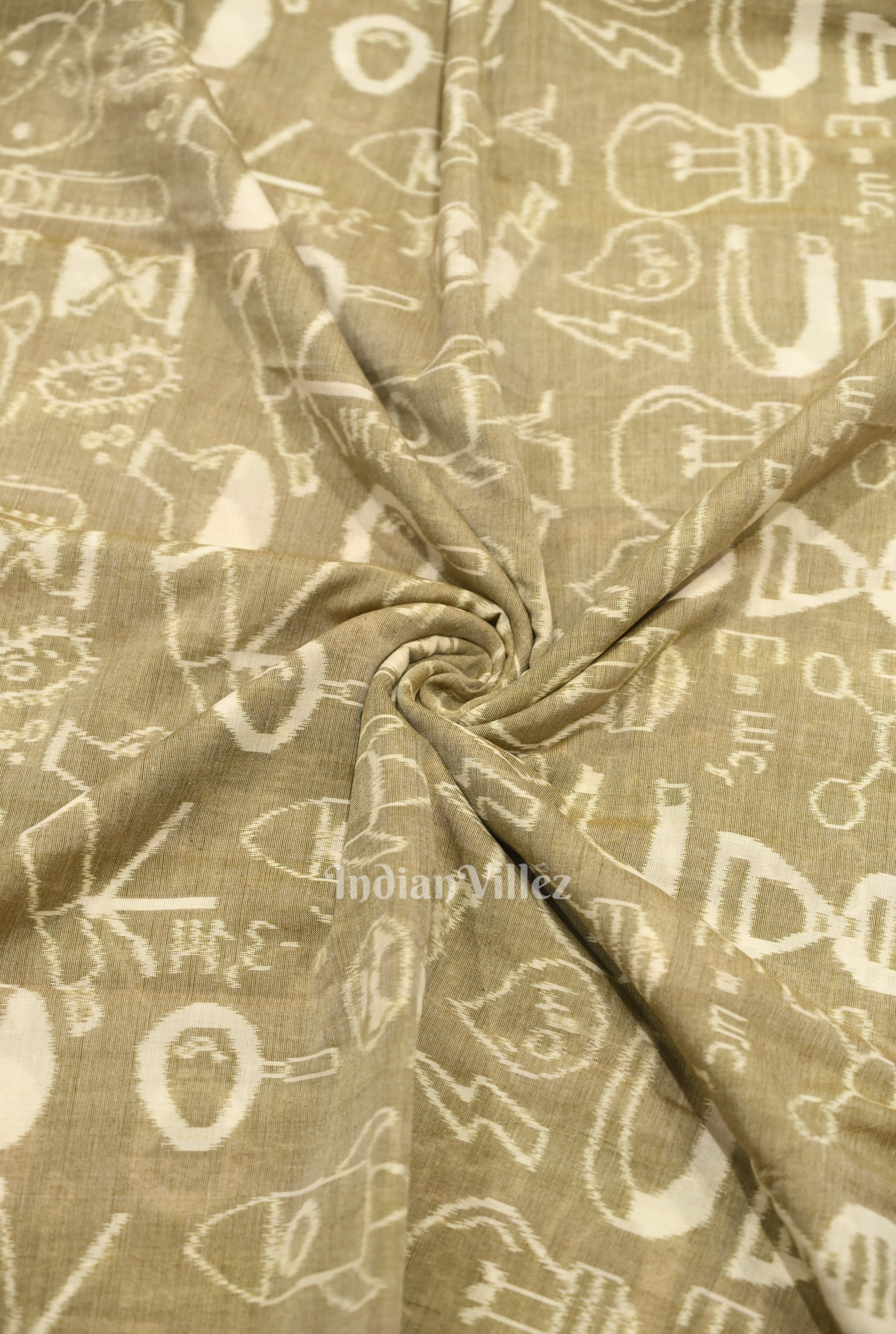 IndianVillèz Light Beige Sceince Theme Sambalpuri Odisha Ikat Cotton Fabric