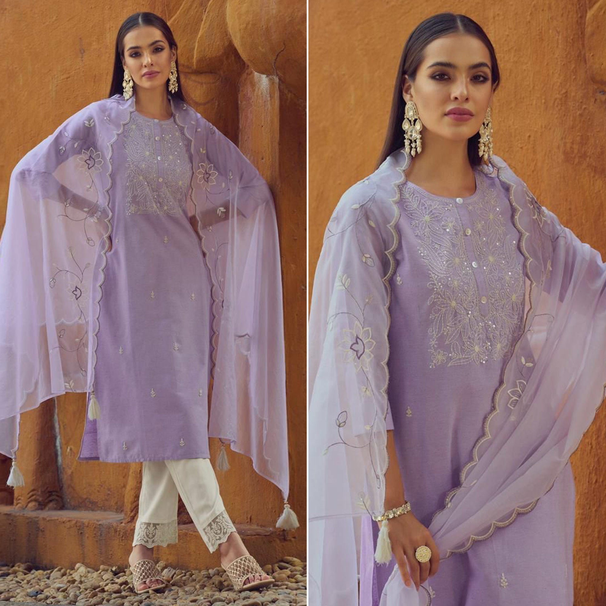 Peachmode Light Purple Kantha Embroidered Linen Salwar Suit