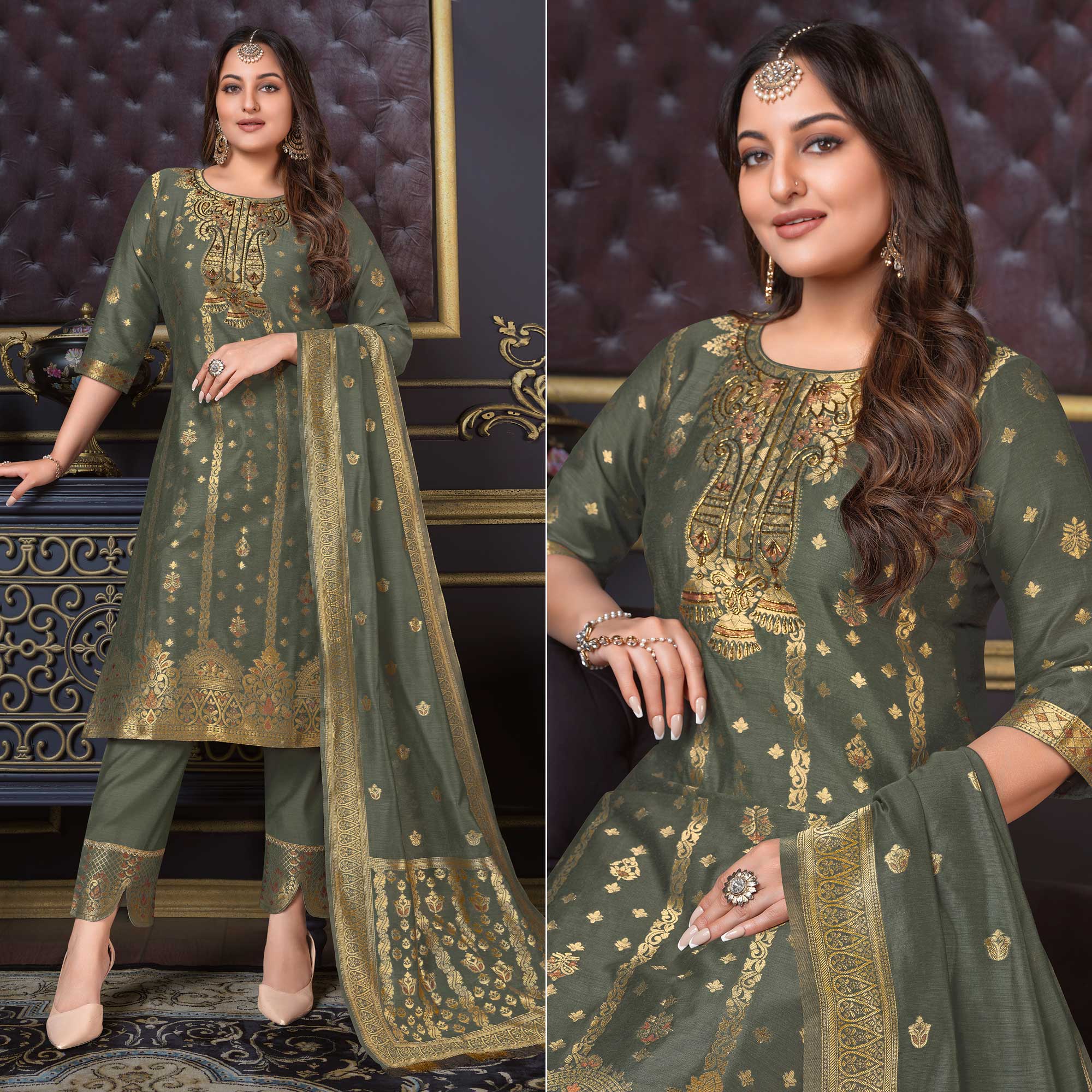 Peachmode Grey Woven Banarasi Silk Salwar Suit