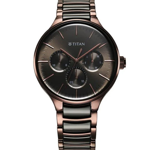Titan Ceramic Fusion Multifunction Black Dial With Two Toned Color Stainless Steel Strap Watch For Men 42mm NT90148KD05