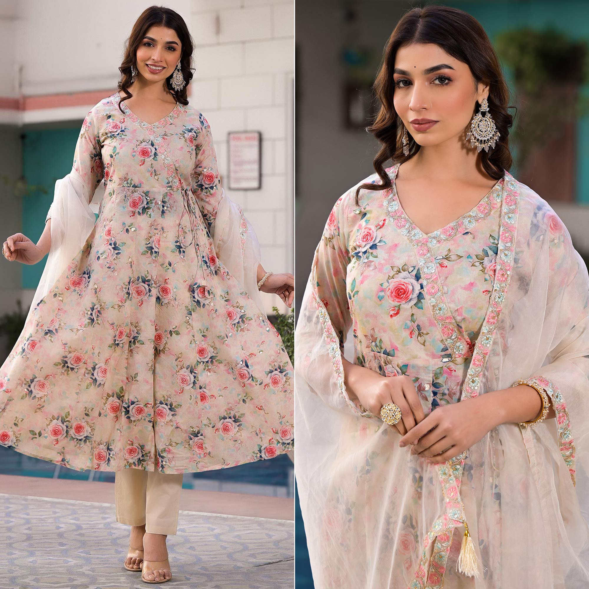 Peachmode Cream Floral Printed Mulmul Cotton Anarkali Salwar Suit