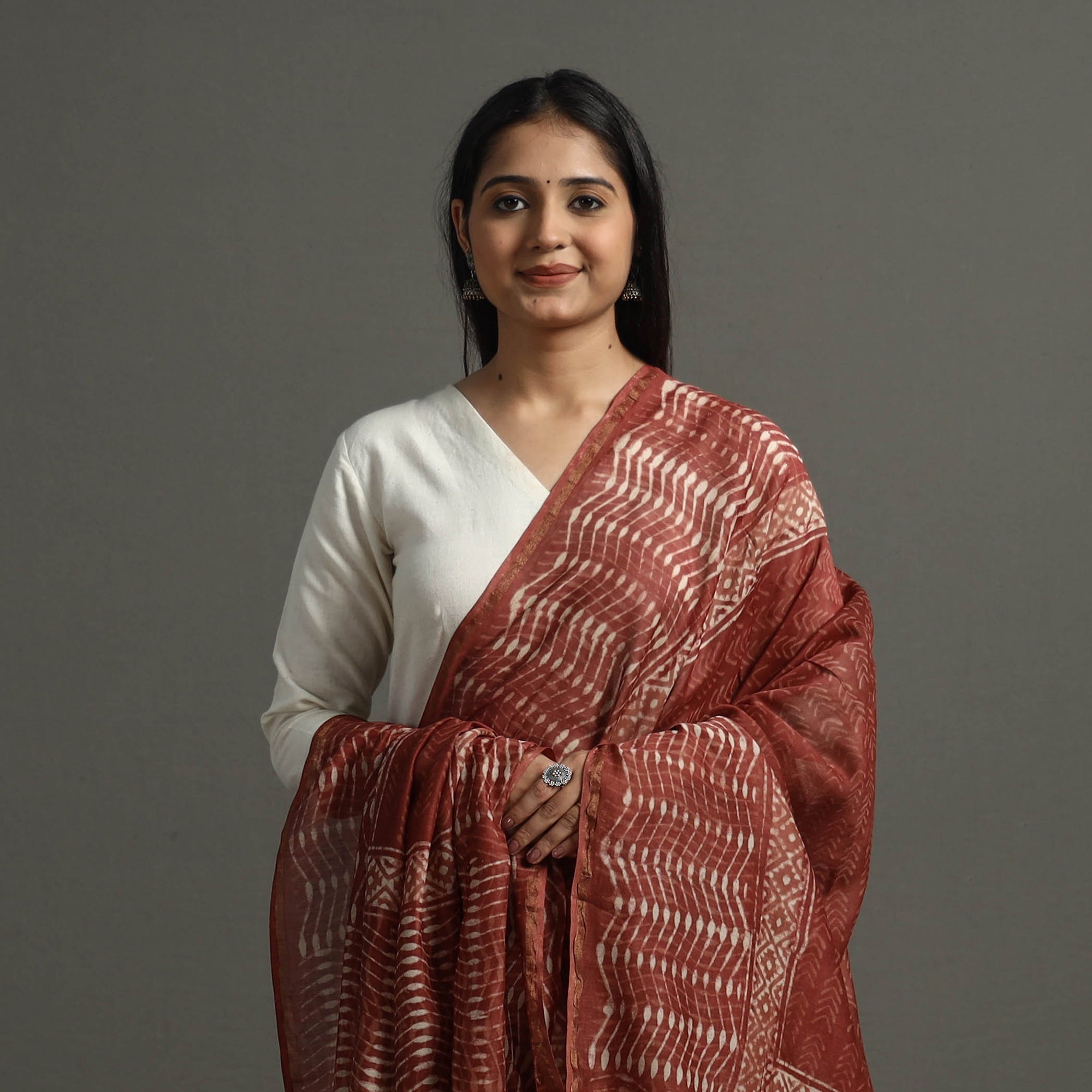 BAGRU DABU PRINTS Brown - Block Printed Chanderi Silk Bagru Dupatta 61 - view 3