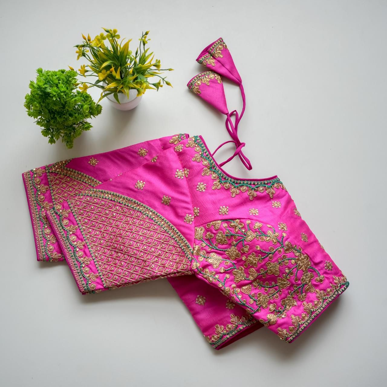 ClothsVilla Pink Mulmul Silk Blouse with Golden Embroidery and Sequins