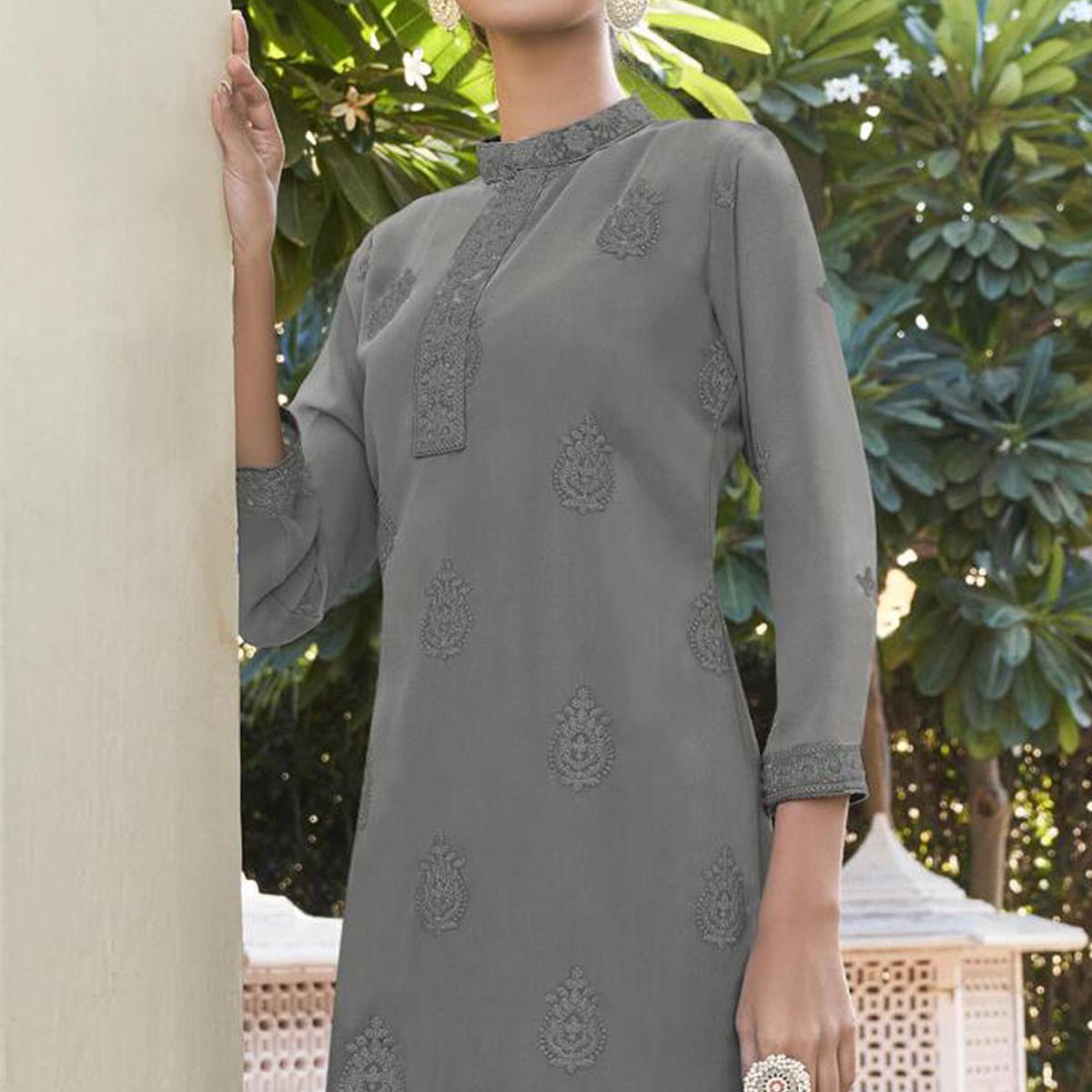 BlackTree grey-lucknowi-embroidered-georgette-kurti-palazzo-set-143133 - view 3