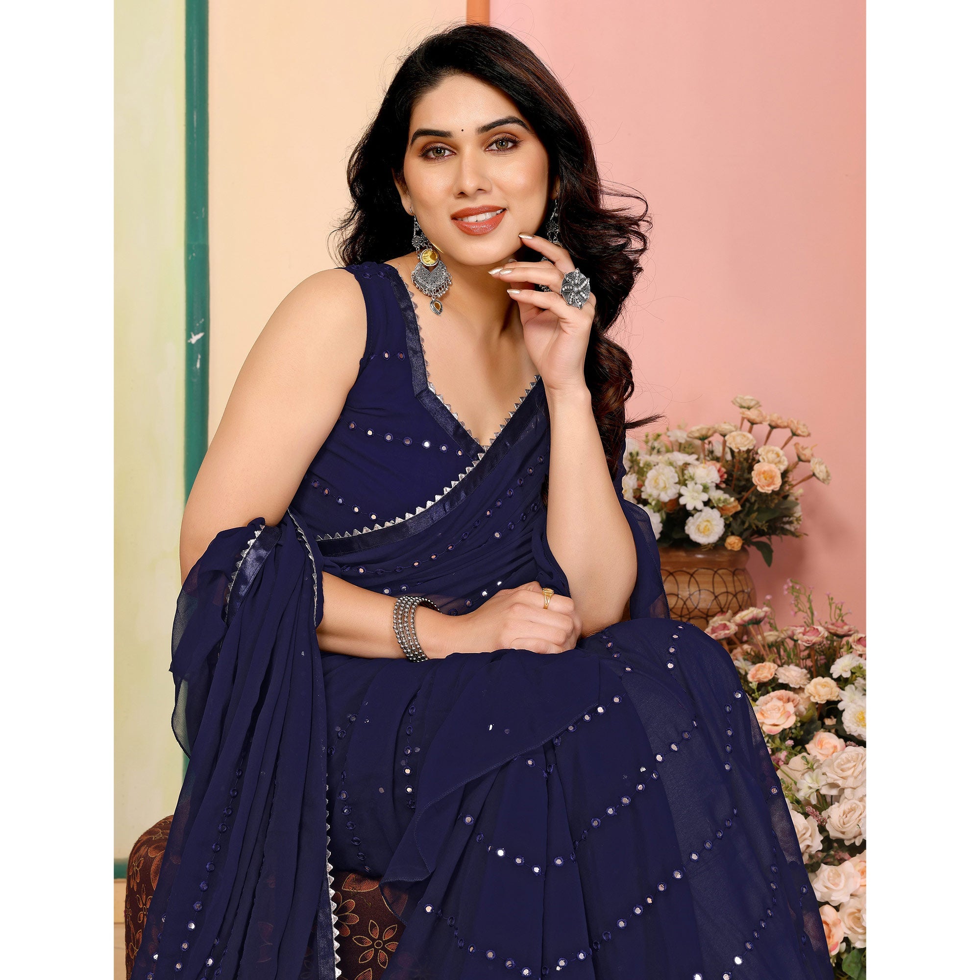 Peachmode Dark Blue Mirror Work Embroidered Georgette Saree With Ruffle Border - view 5