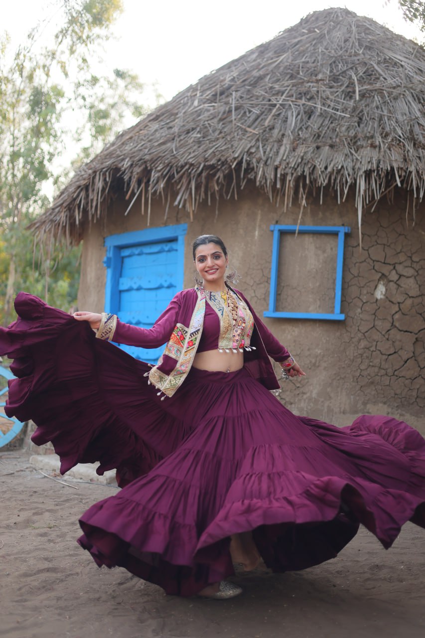 ClothsVilla Purple Rayon Lehenga Set with Embroidered Gamthi Work