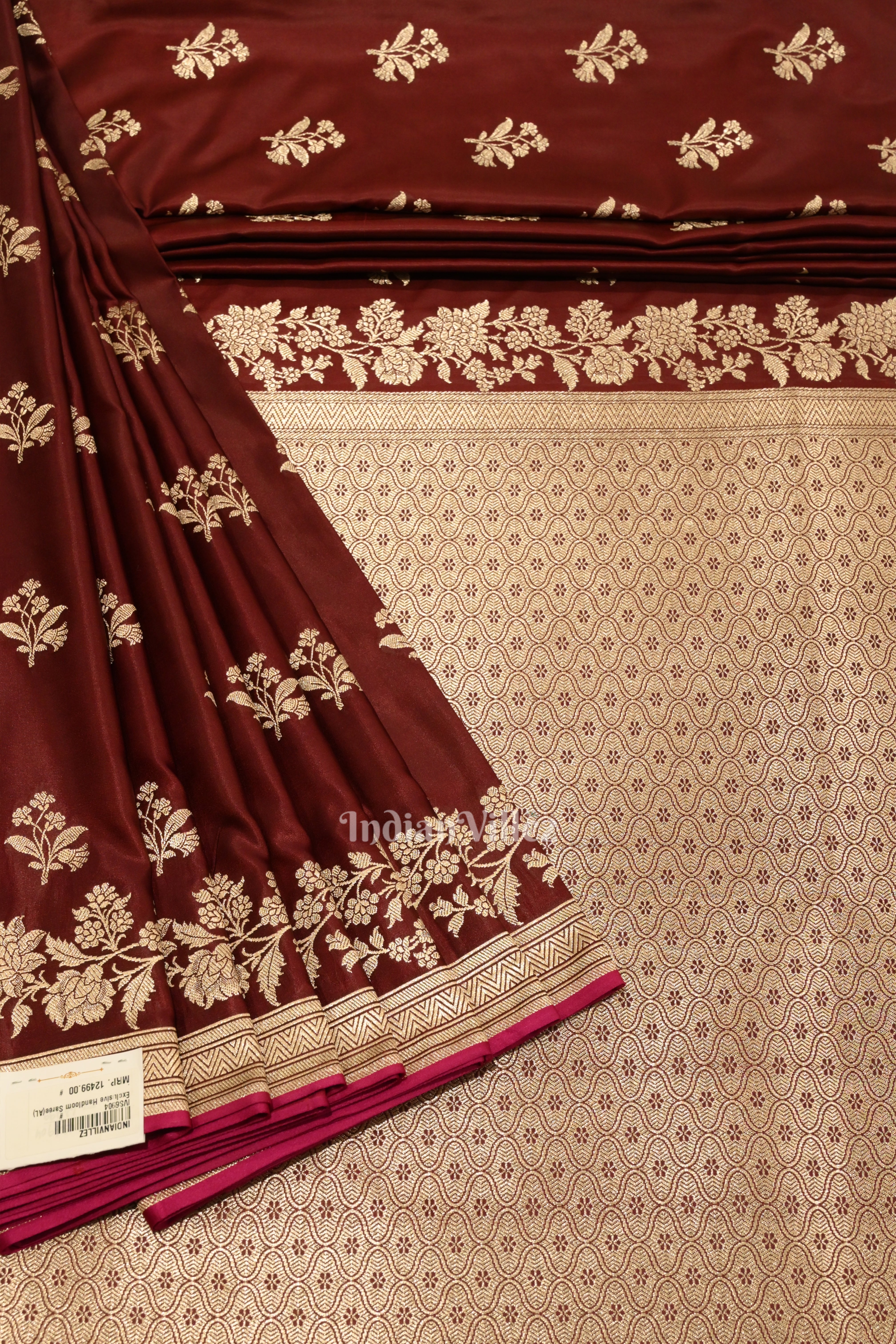IndianVillèz Deep Maroon Flower Motif Mashru Satin Silk Banarasi Saree