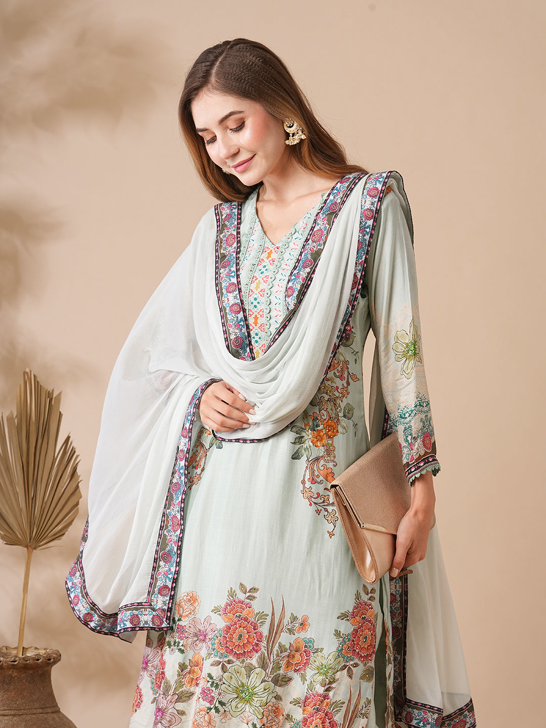 Fashor Floral Printed Stone & Crochet Lace Embelished Kurta with Pants & Dupatta - Pastel Green - view 2
