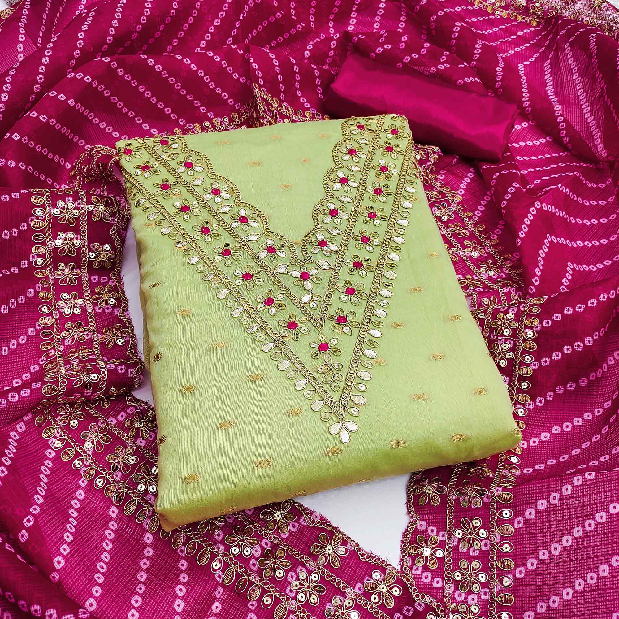 Green dress materials (unstitched) – BlackTree green-woven-with-sequins-embroidered-modal-chanderi-silk-dress-material