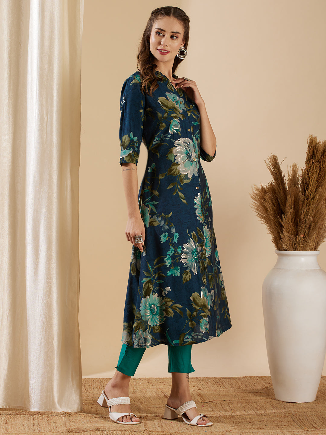 Fashor Floral Foil Printed A-Line Flared Kurta - Teal Blue - view 5