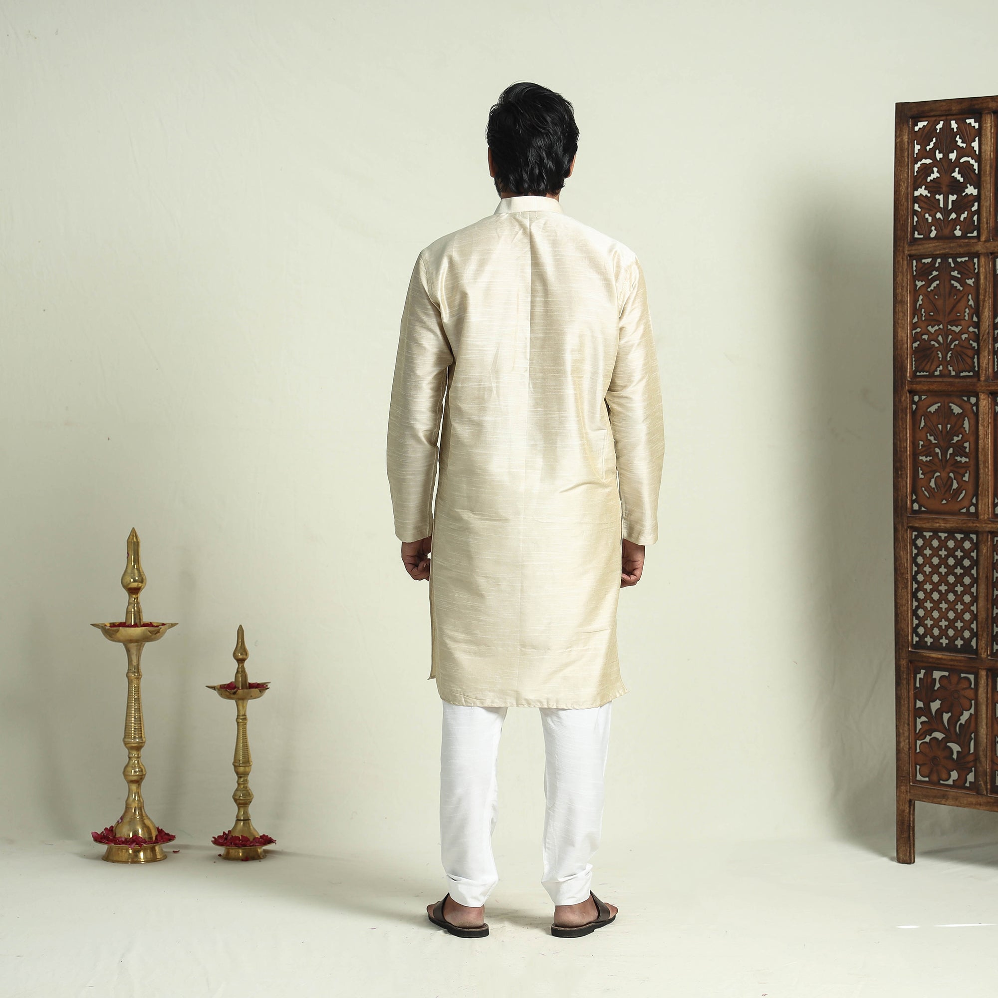 ITOKRI CASUALS Beige - Plain Dyed Slub Silk Men Long Kurta - view 7