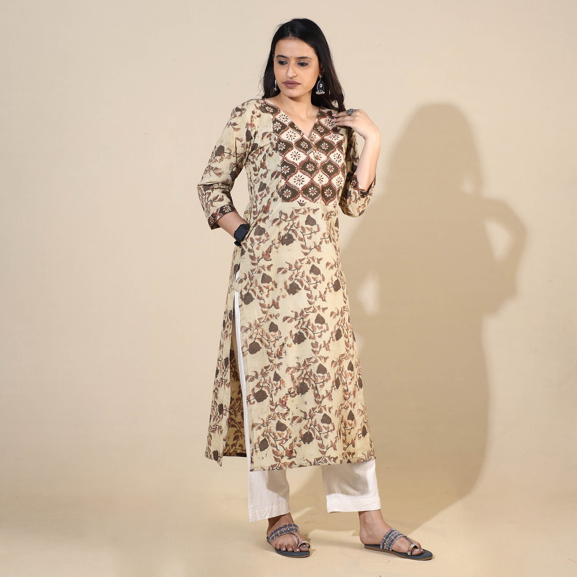 ITOKRI CASUALS Beige - Bagru Hand Block Printed Cotton Long Kurta - view 4
