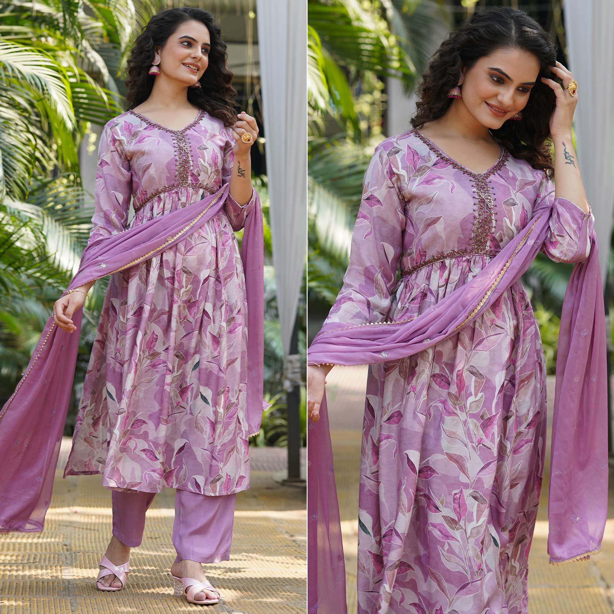Peachmode Lavender Muslin Digital Printed Alia Cut Suit With Beads Handcraft