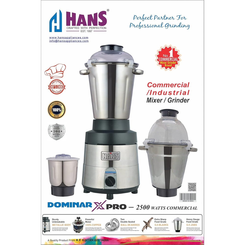 HANS Dominar X Pro 2500 Watts 3.5 HP Commercial Mixer Grinder With 3 Jar Heavy Duty | Black Grey - view 5