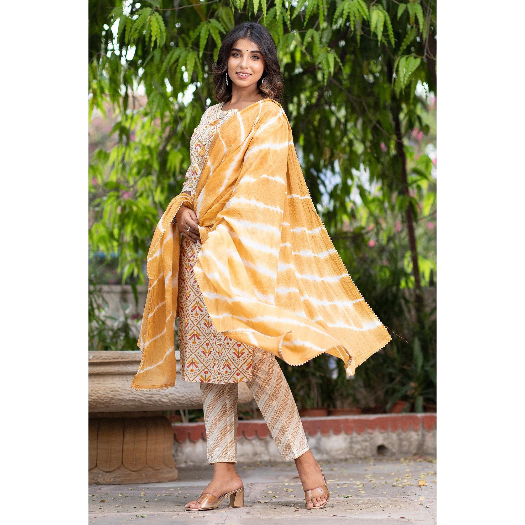 Peachmode Cream Floral Printed Pure Cotton Kurti Pant Set With Dupatta - view 7