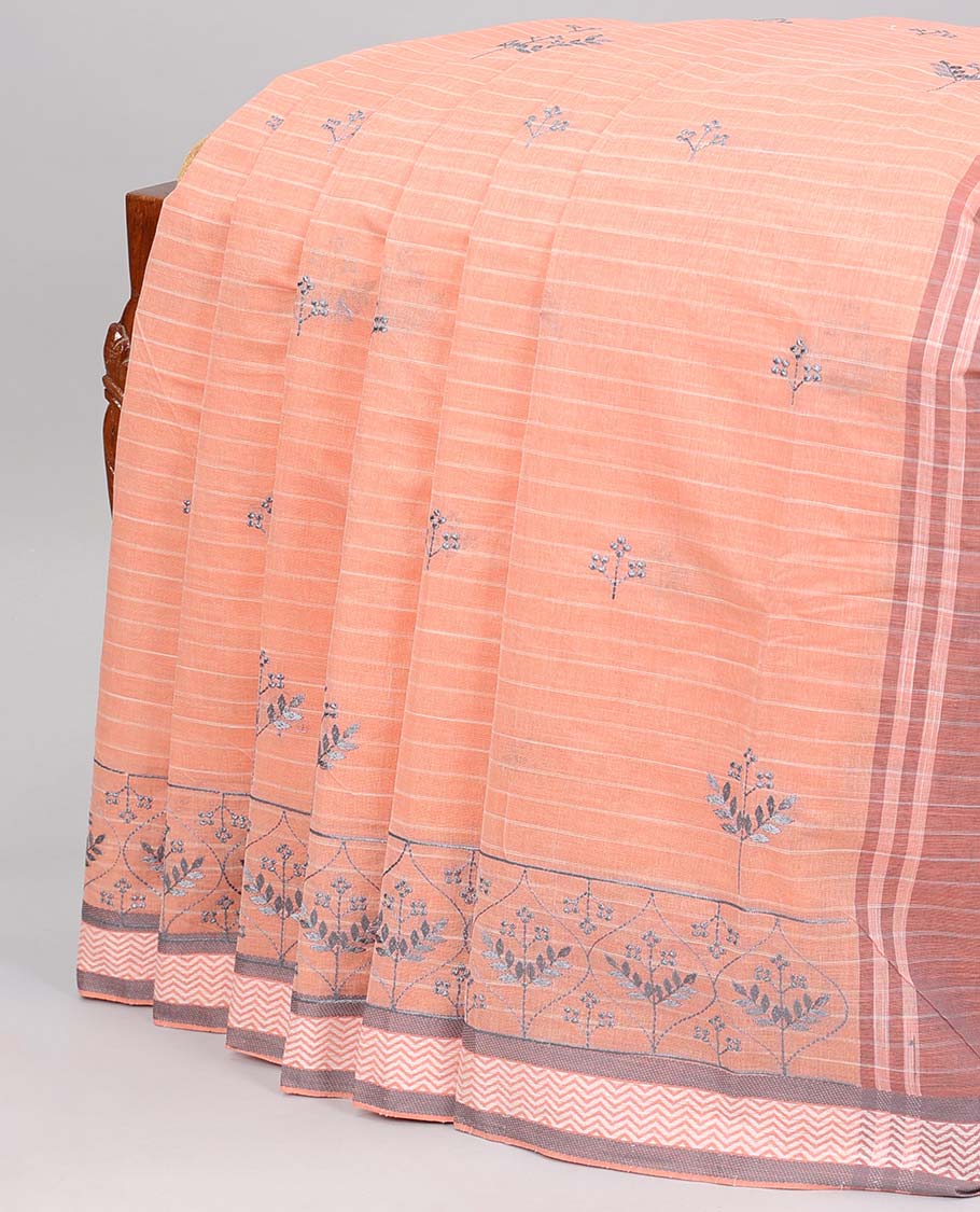 Pothys Orange stripes & thread embroidered chirala cotton saree, chevron border & pallu of stripes