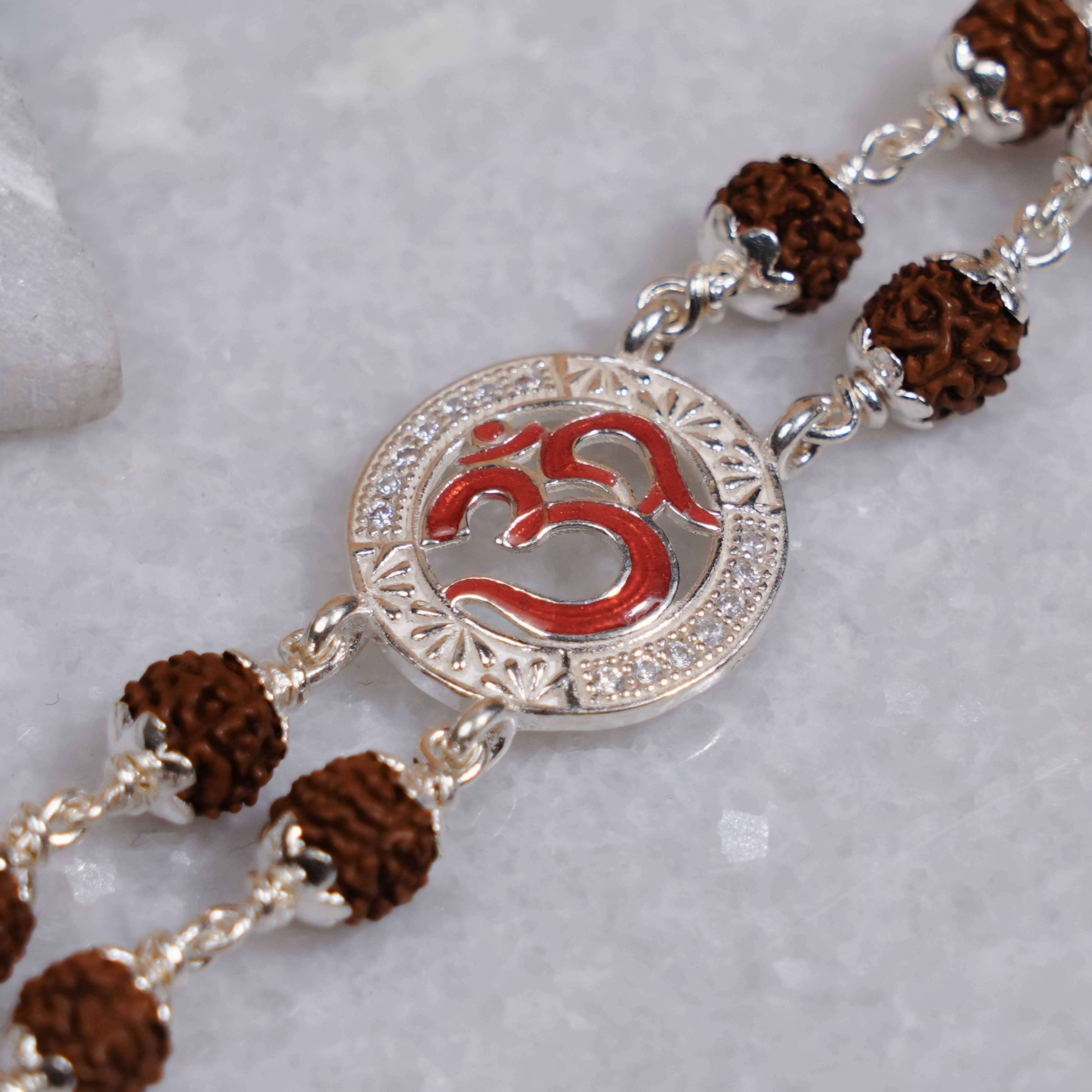 Prinjal Jewellers Rudraksha Silver Om in Round Shape double line Bracelet