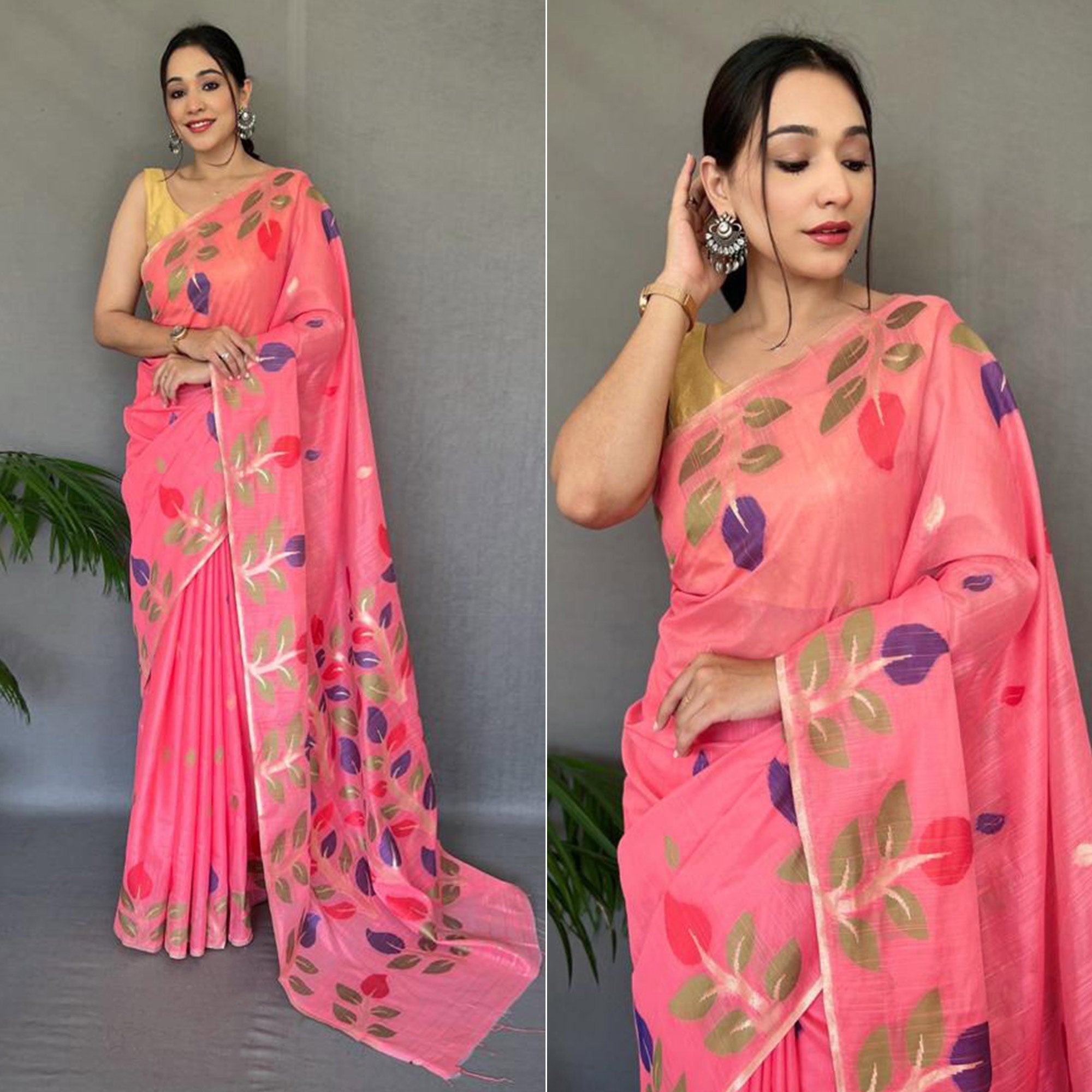 Peachmode Gajari Pink Floral Woven Cotton Saree