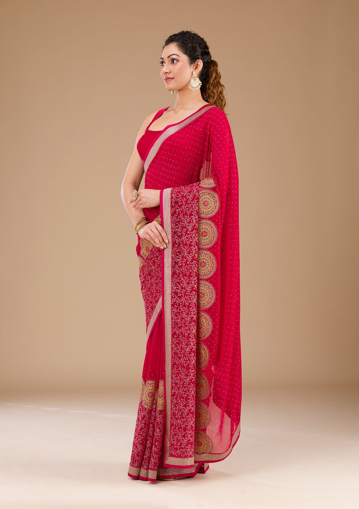 Koskii Rani Pink Threadwork Georgette Saree – Women's - view 3