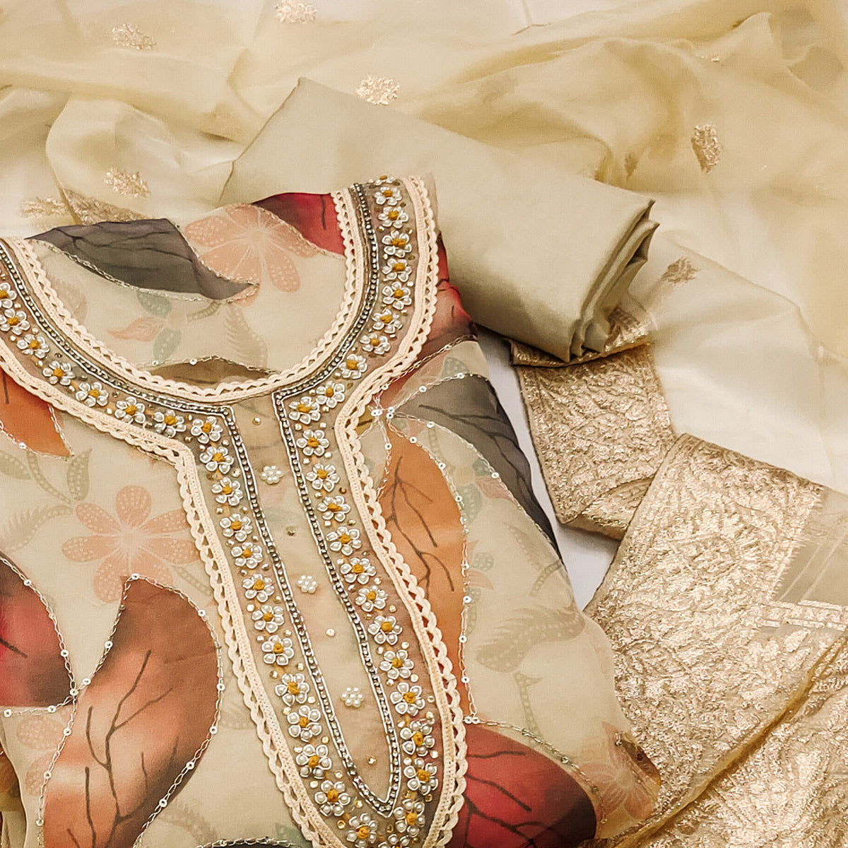 Peachmode Chikoo Digital Printed With Handwork Organza Dress Material - view 2