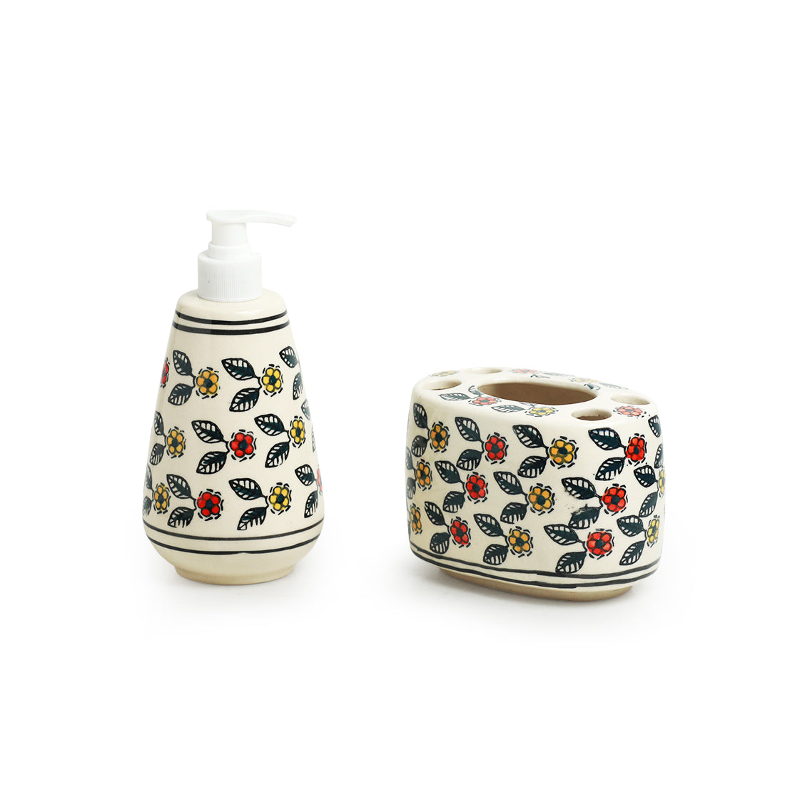 EXCLUSIVELANE 'Cozy Crossandras' Handpainted Bathroom Accessory Set In Ceramic (Liquid Soap Dispenser, Toothbrush Holder) - view 2