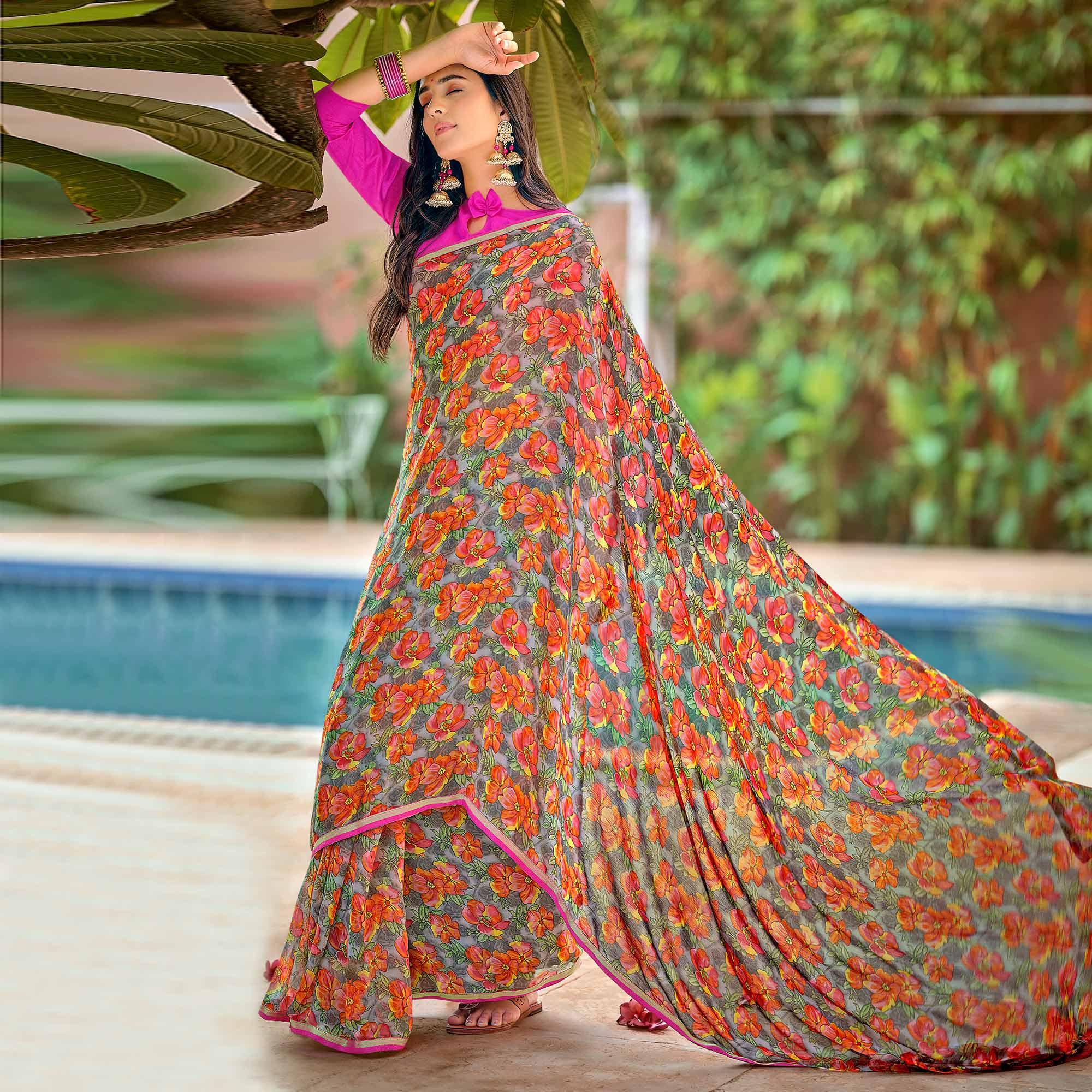 Peachmode Multicolor Casual Wear Floral Printed Chiffon Saree