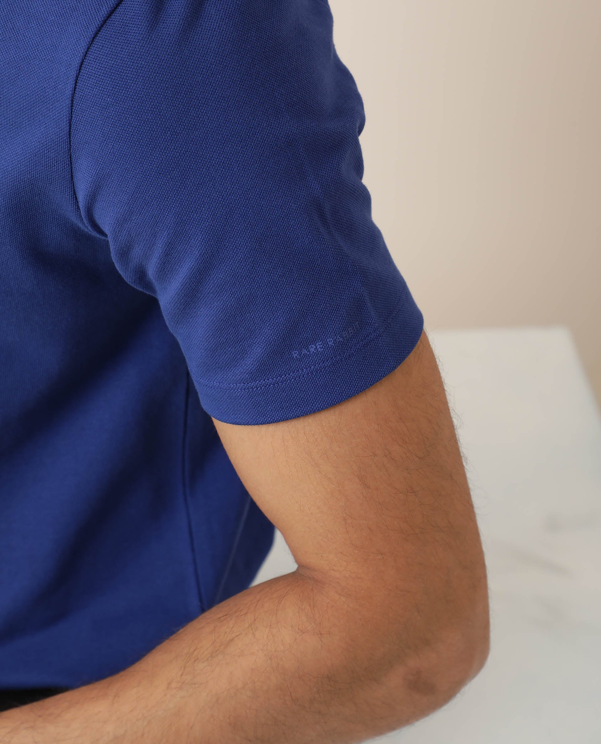 Rare Rabbit Men's Stel Fluorescent Blue Cotton Fabric Collared Neck Zipper Closure Half Sleeves Flat Knit Polo T-Shirt - view 5