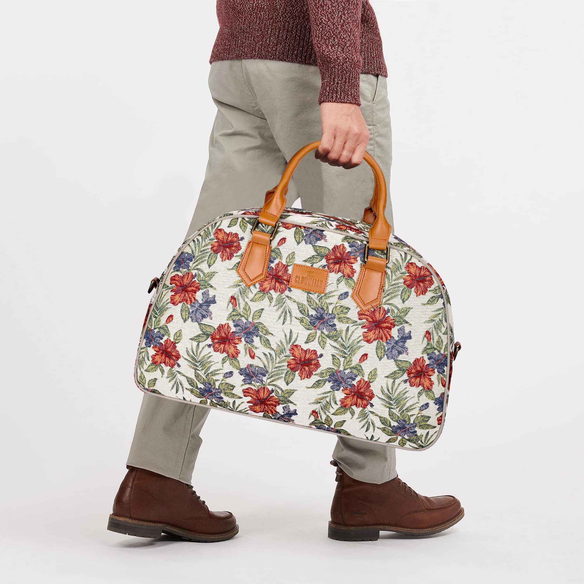 The Clownfish Ziana Series 24 litres Tapestry & Faux Leather Unisex Travel Duffle Bag Luggage Weekender Bag (Maroon-Floral_(L) 47 x (W) 17 x (H) 30 cm - view 2