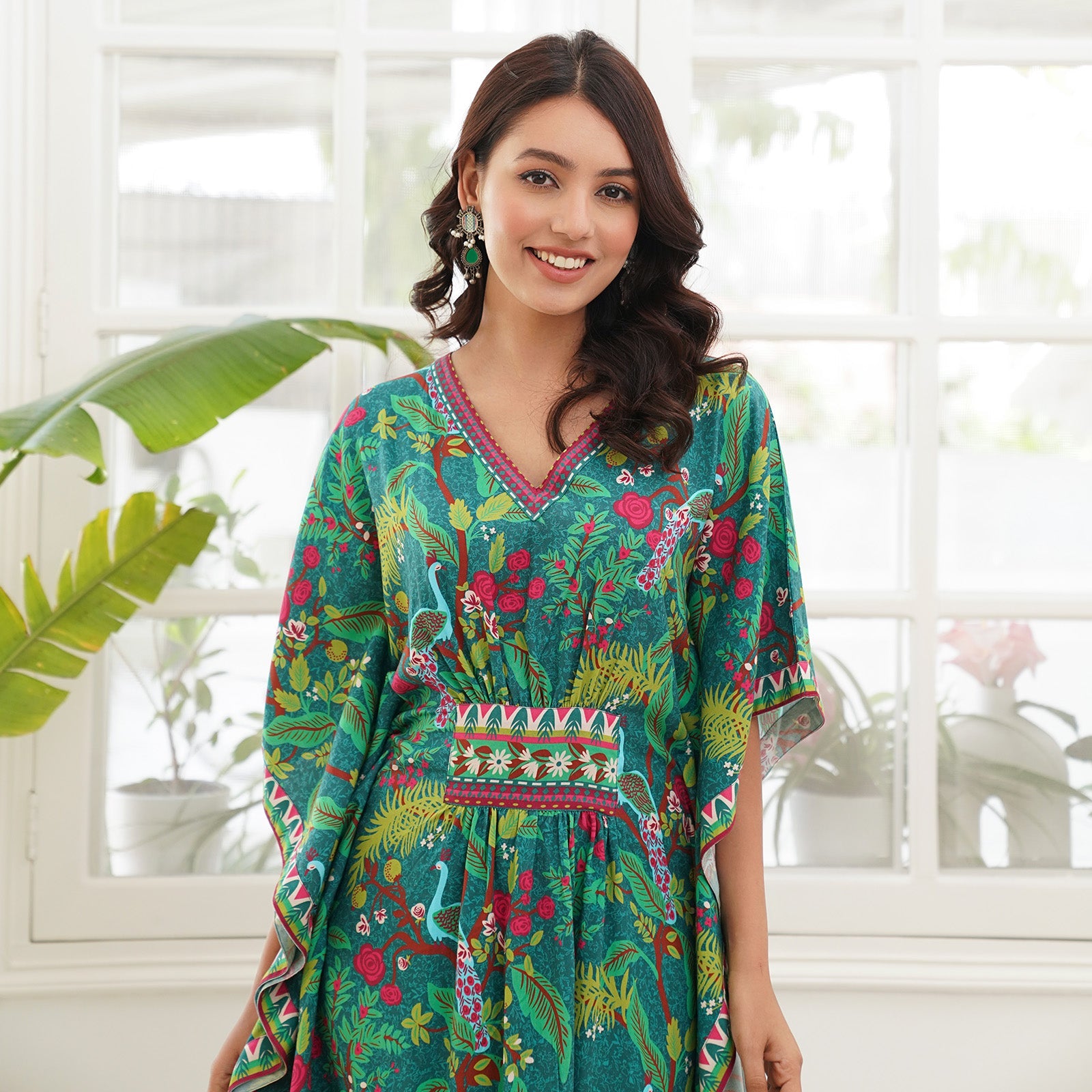 BlackTree Aqua Green Peacock Printed Kaftan Pant Set - view 2