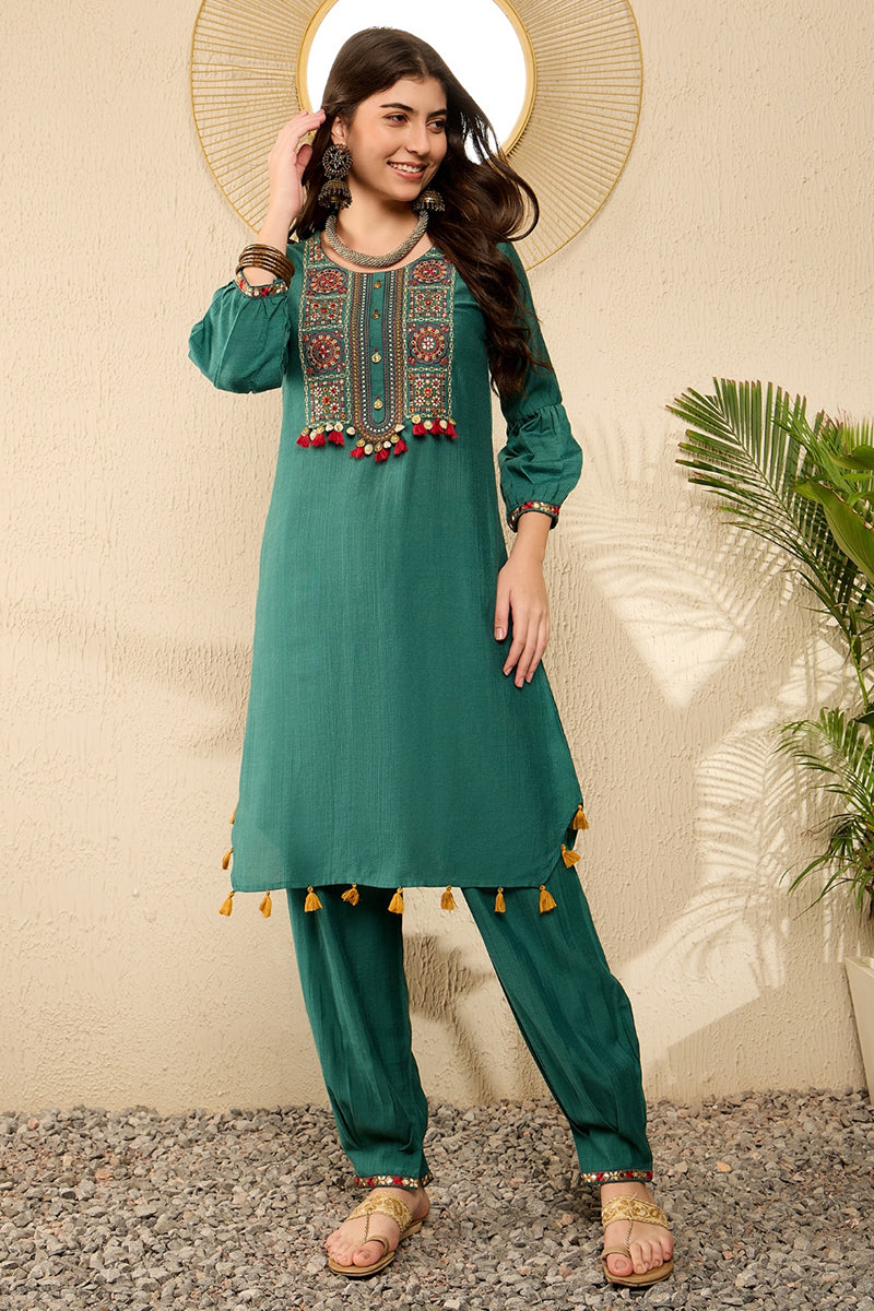 Ahika Teal Viscose Rayon Solid Embroidered Straight Salwar Kurta Set VKSET1526