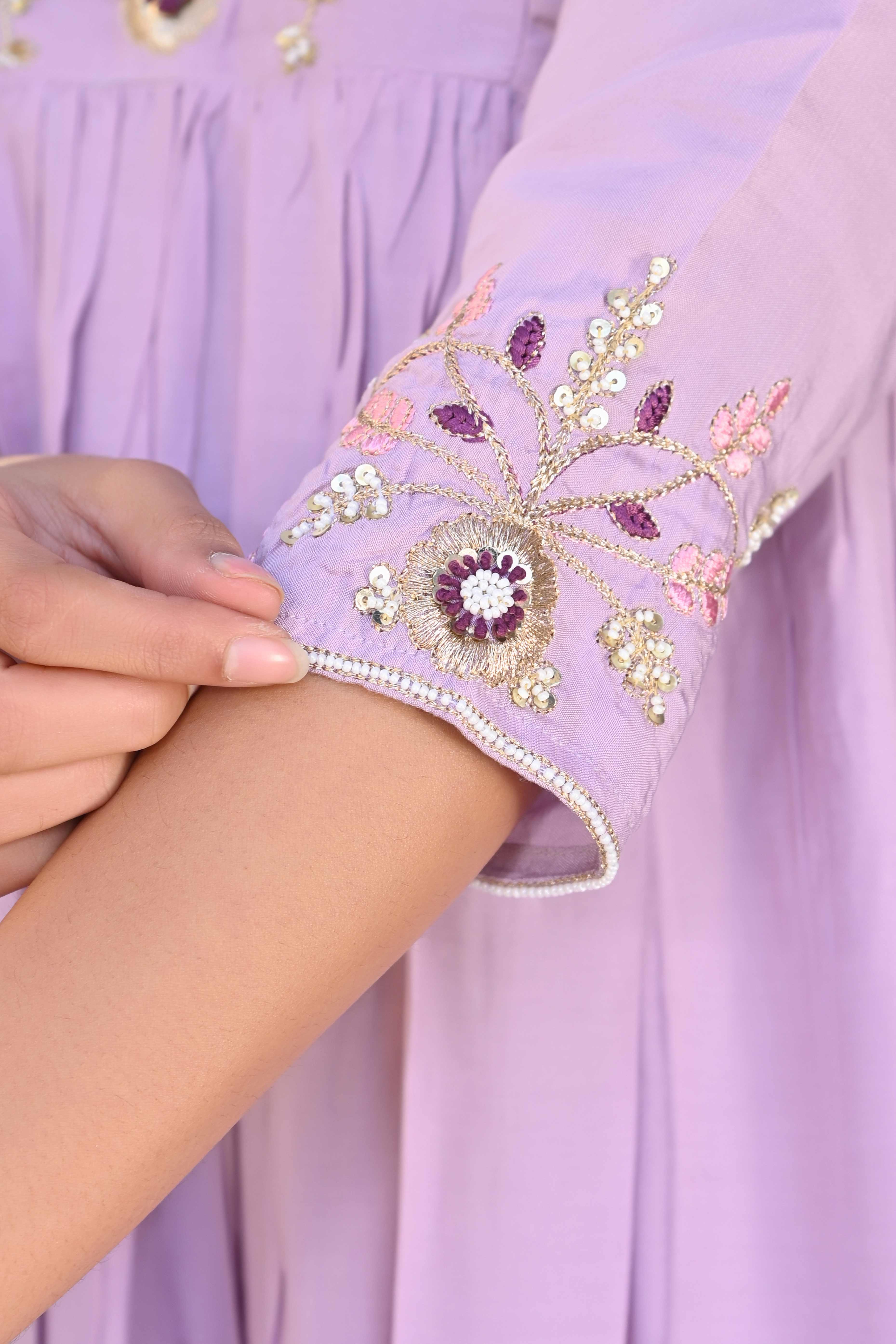Peachmode Lavender Floral Embroidered Muslin Anarkali Salwar Suit - view 9