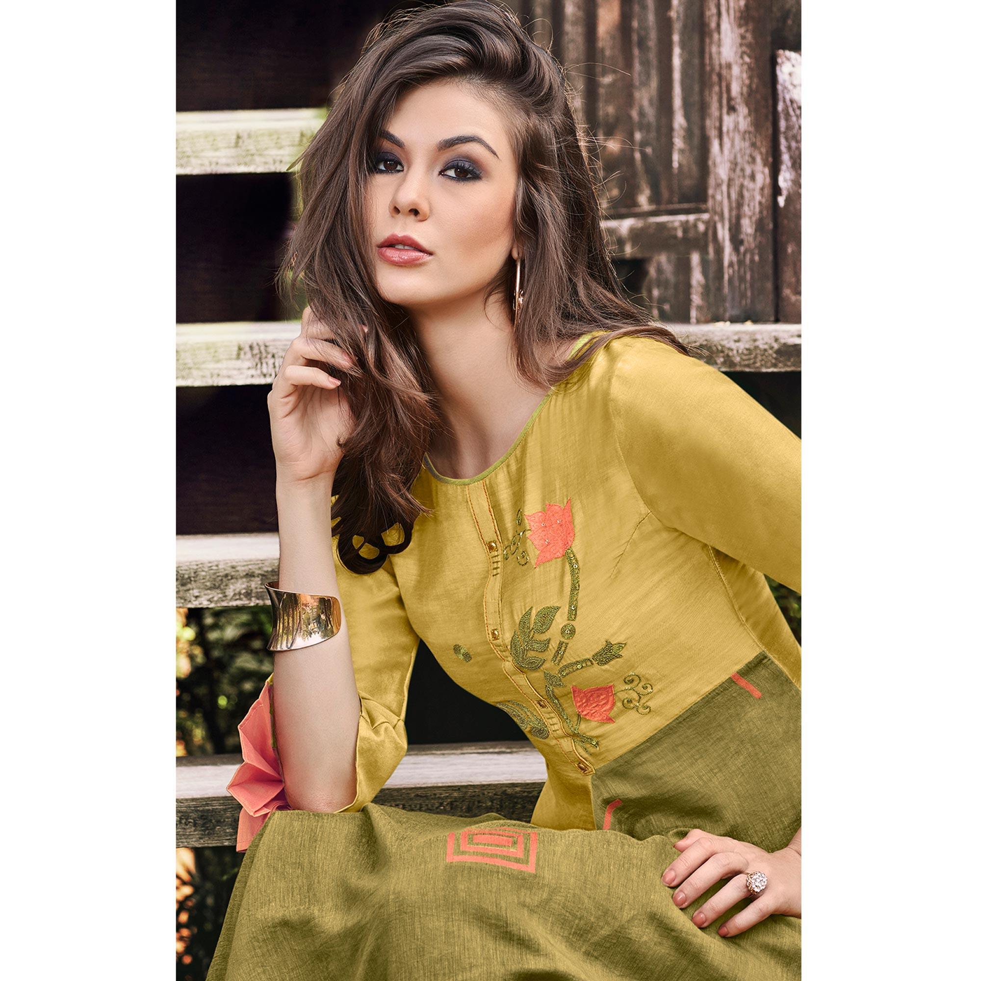 Peachmode Jazzy Mehndi Green Colored Party Wear Printed Modal-Jacquard Long Kurti - view 4