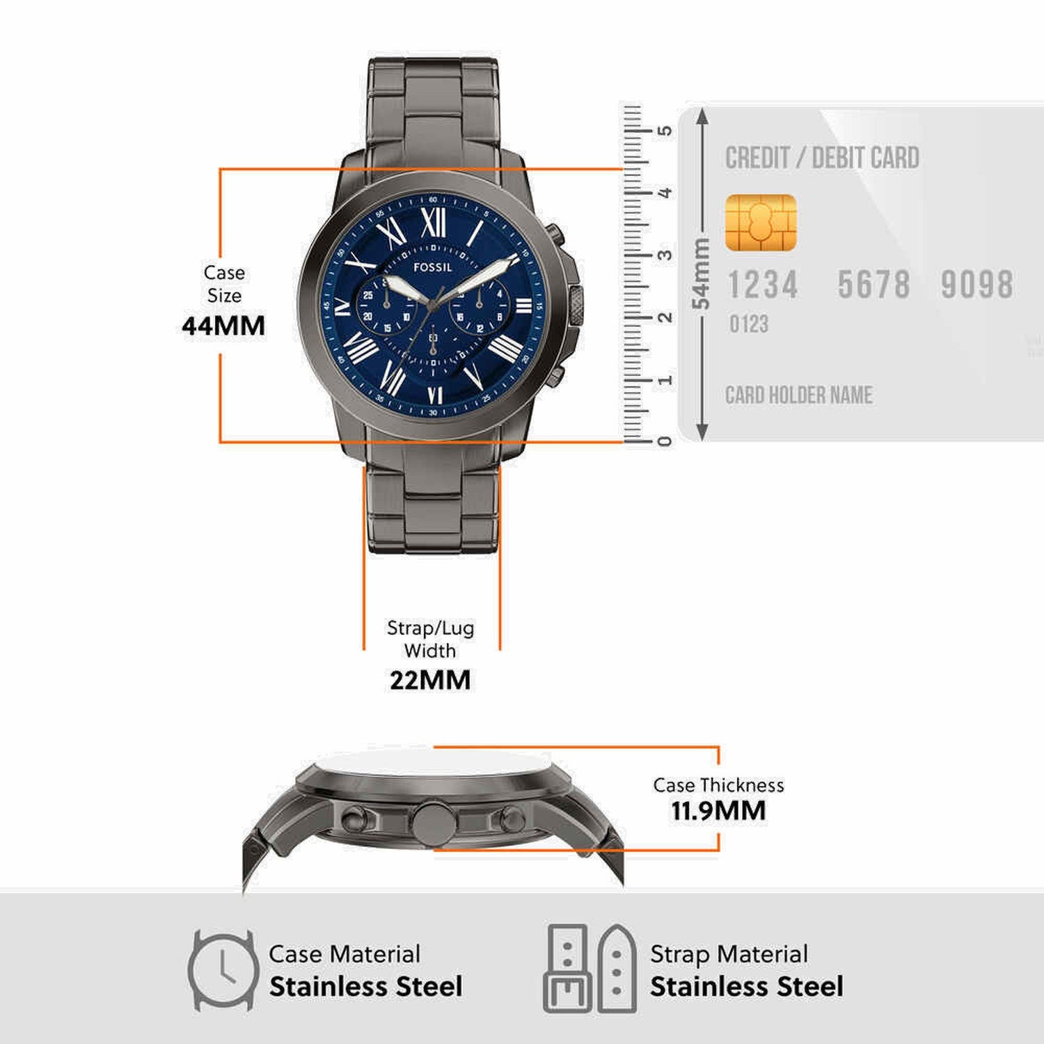 Fossil Grant Men Quartz Blue Dial Chronograph Stainless Steel Watch FS6133 - view 4