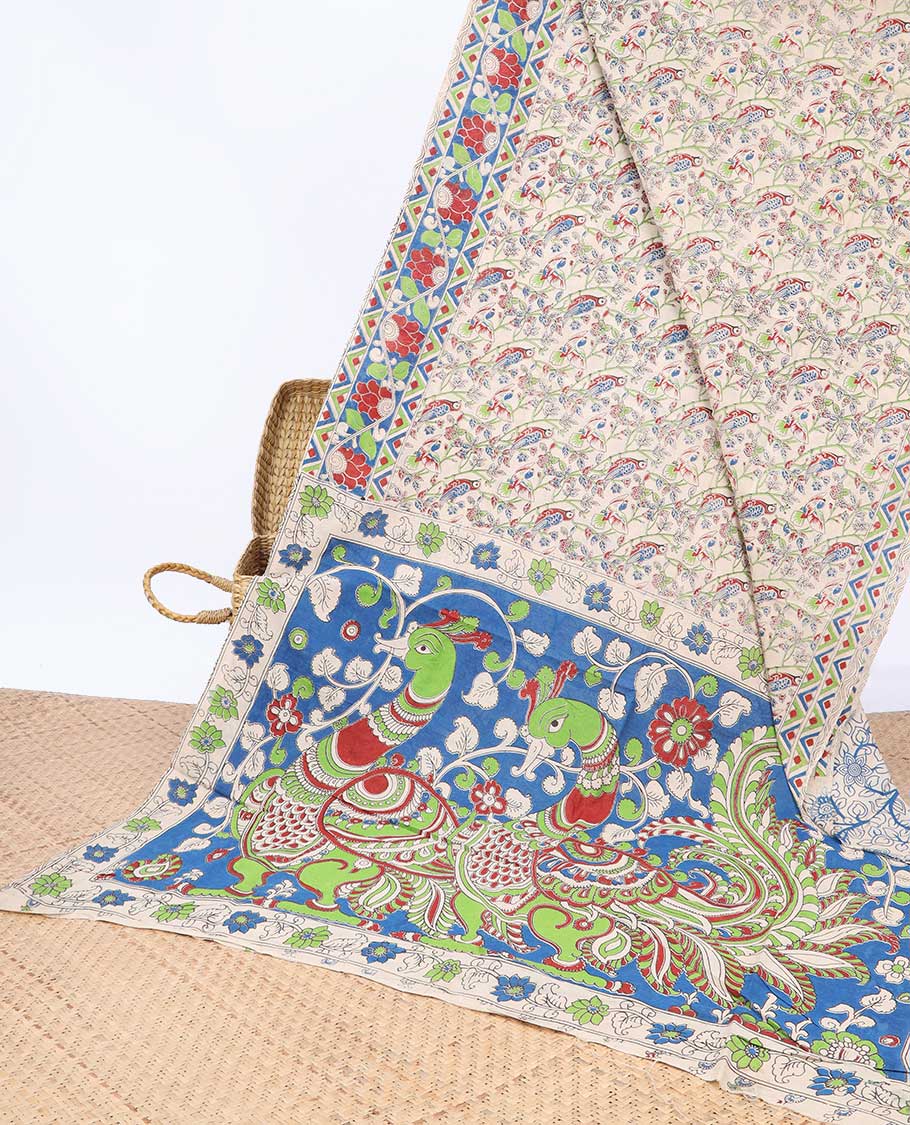 Pothys Cream floral machine-printed kalamkari cotton saree, contrast floral & chevron border & peacock pallu