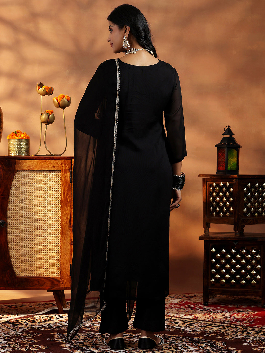 Libas Black Embroidered Organza Straight Suit With Dupatta - view 3