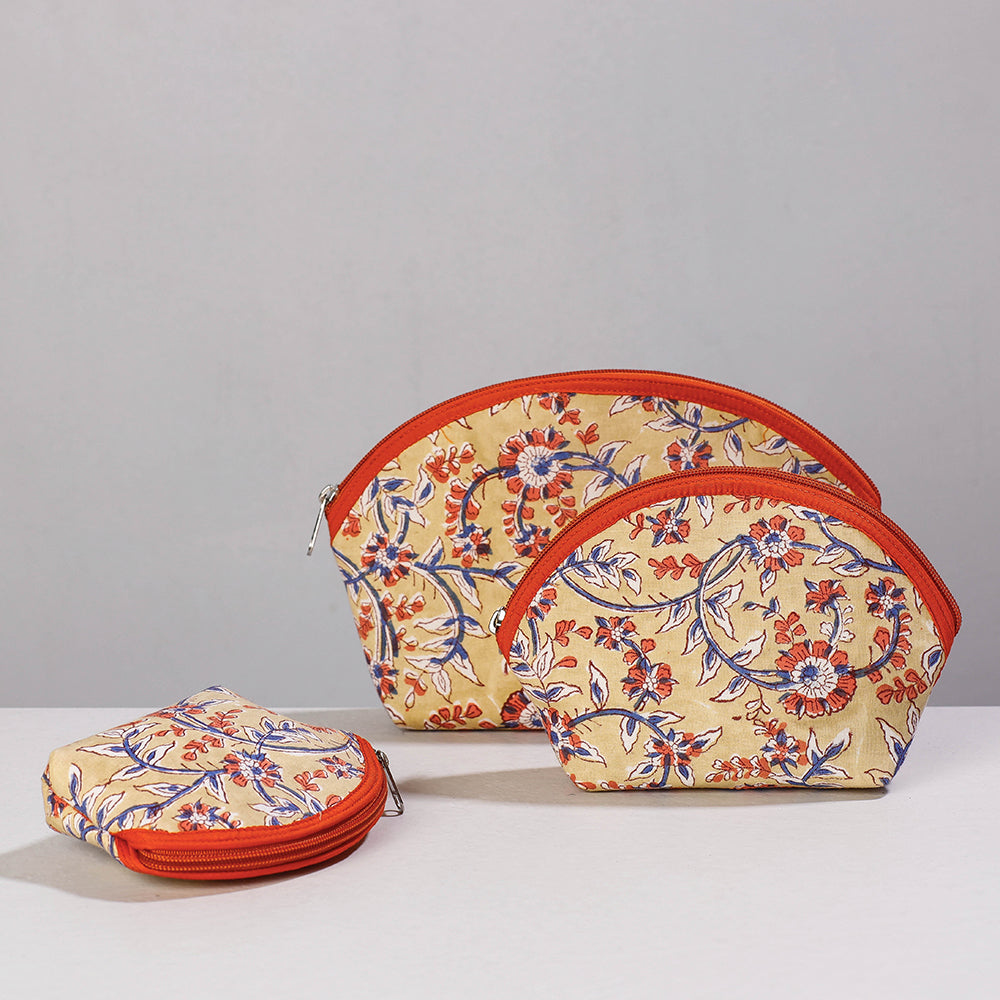 ITOKRI CRAFTS INITIATIVE Beige - Sanganeri Block Printing Cotton Toiletry Bags (Set of 3)