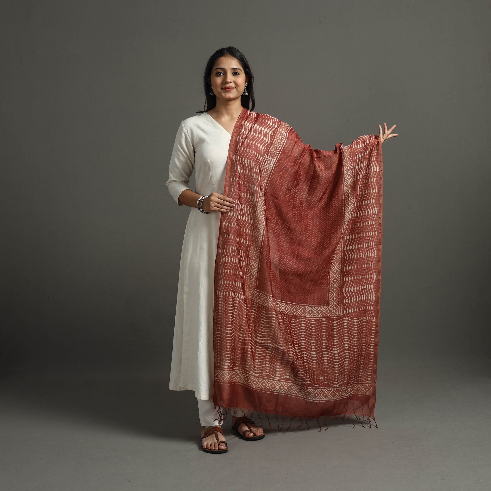 BAGRU DABU PRINTS Brown - Block Printed Chanderi Silk Bagru Dupatta 61