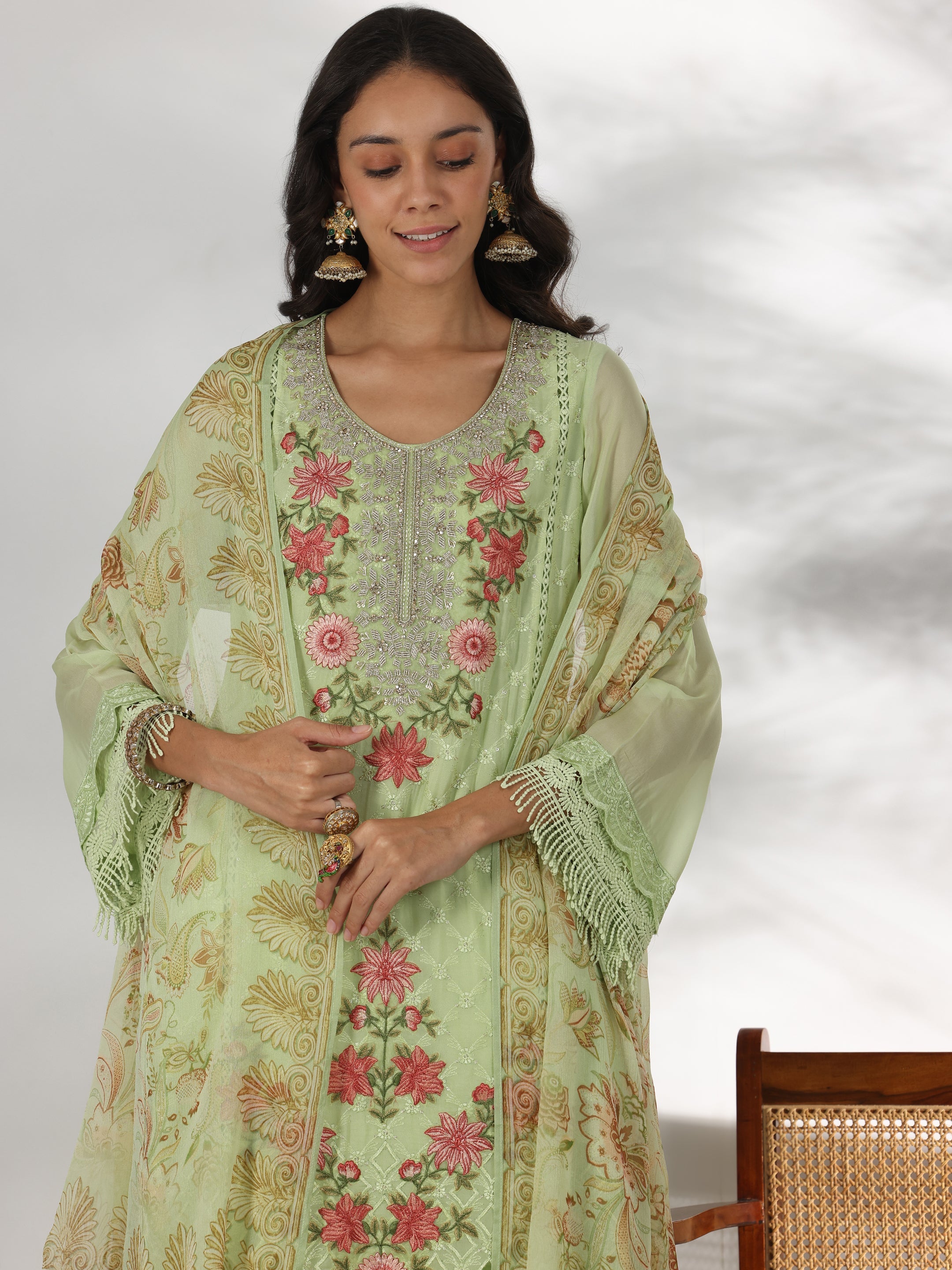 Libas Green Embroidered Organza Straight Suit With Dupatta - view 5