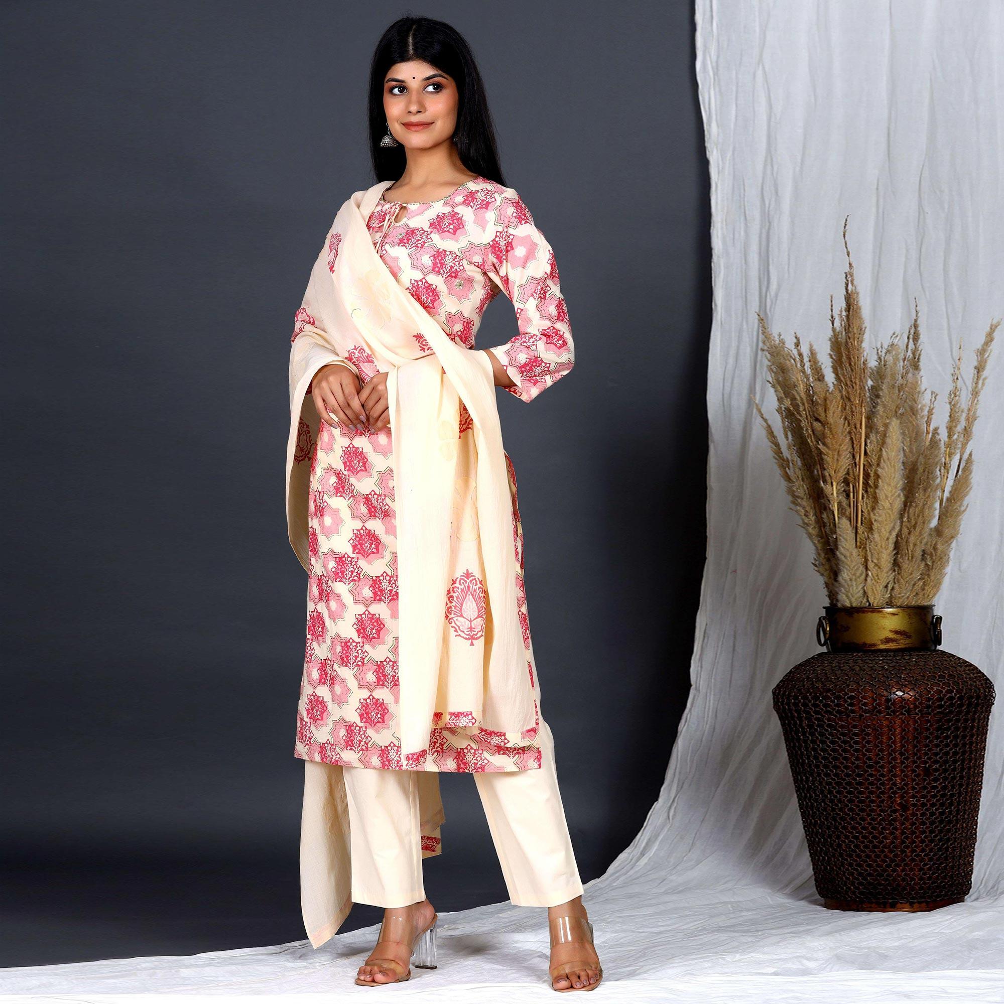 Peachmode Cream Casual Wear Printed Cotton Kurti - Pant Set With Dupatta