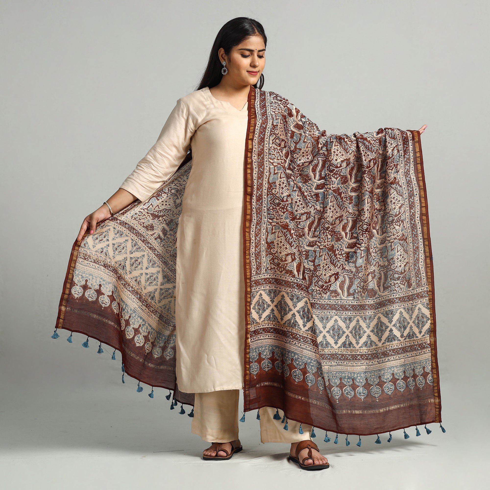 AJRAKH BY SUFIYAN ISMAIL KHATRI Brown - Block Printed Chanderi Silk Handloom Ajrakh Dupatta 13