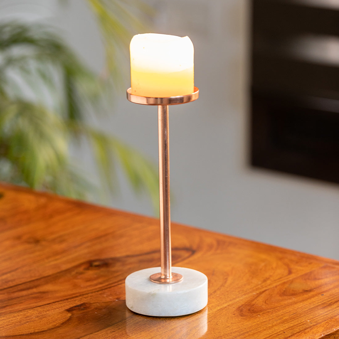 EXCLUSIVELANE Royal Pillar' Handcrafted Tea Light Holder Cum Candle Holder In Iron & Marble (11 Inch)