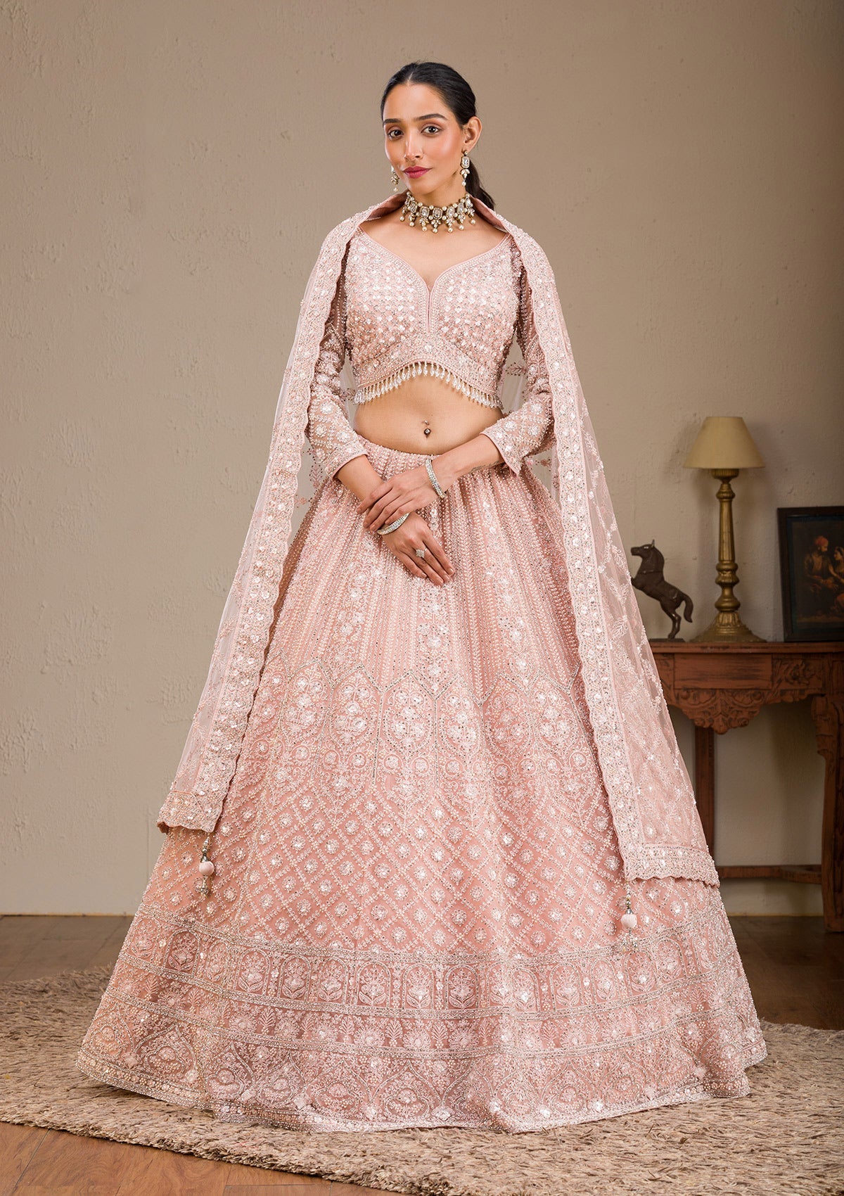 Koskii Baby Pink Silver Stonework Net Readymade Lehenga