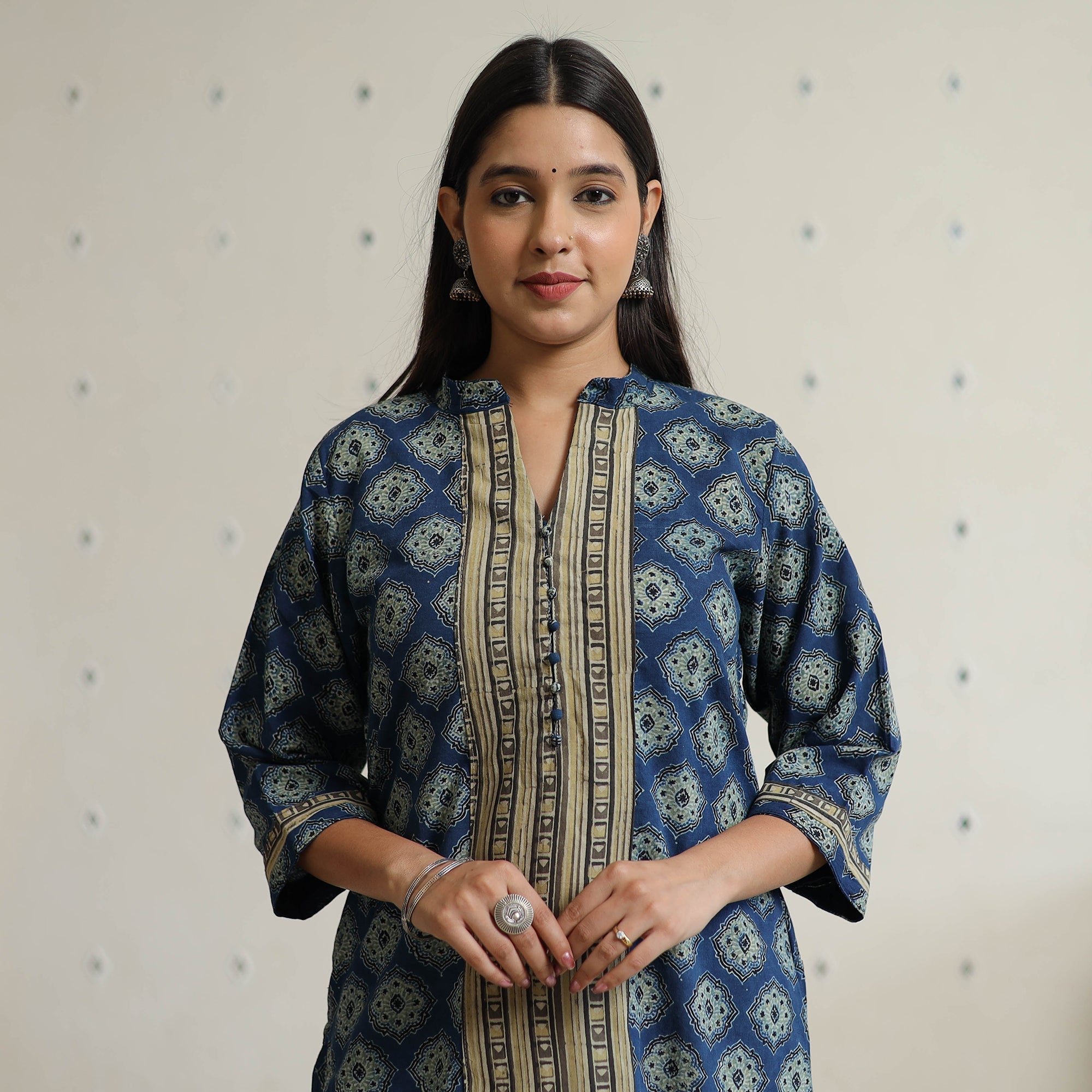 ITOKRI CASUALS Blue - Ajrakh Block Printed Cotton Straight Kurta with Patch 46