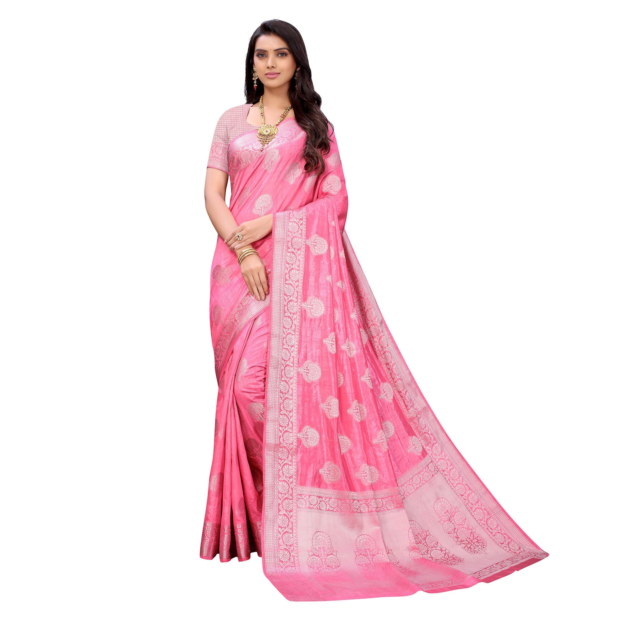 Peachmode Gajari Pink Festive Wear Woven Art Silk Saree