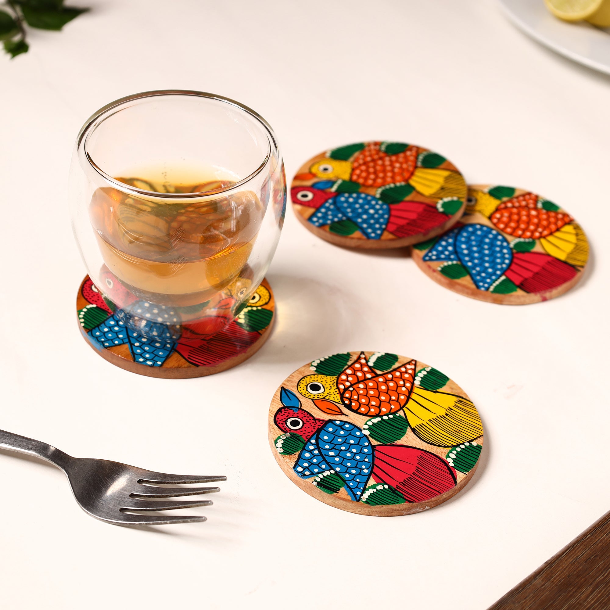 ITOKRI CRAFTS INITIATIVE Bengal Patua Handpainted Akashmoni Wooden Coasters (Set of 4) 02 - view 3