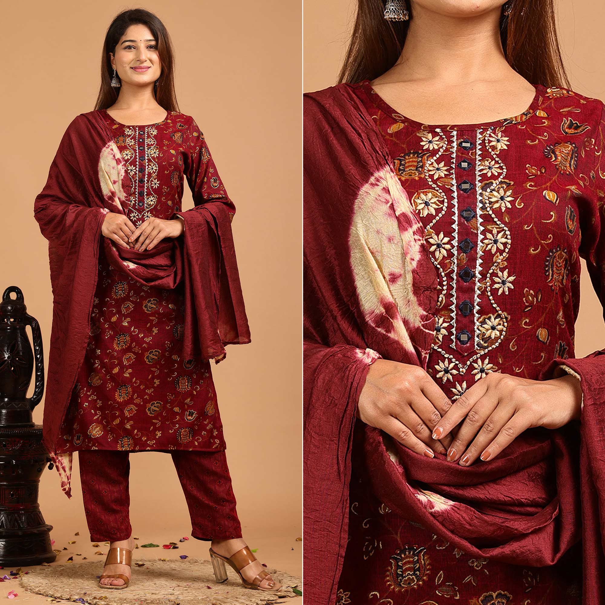 Peachmode Seller Maroon Printed With Embroidered Rayon Salwar Suit