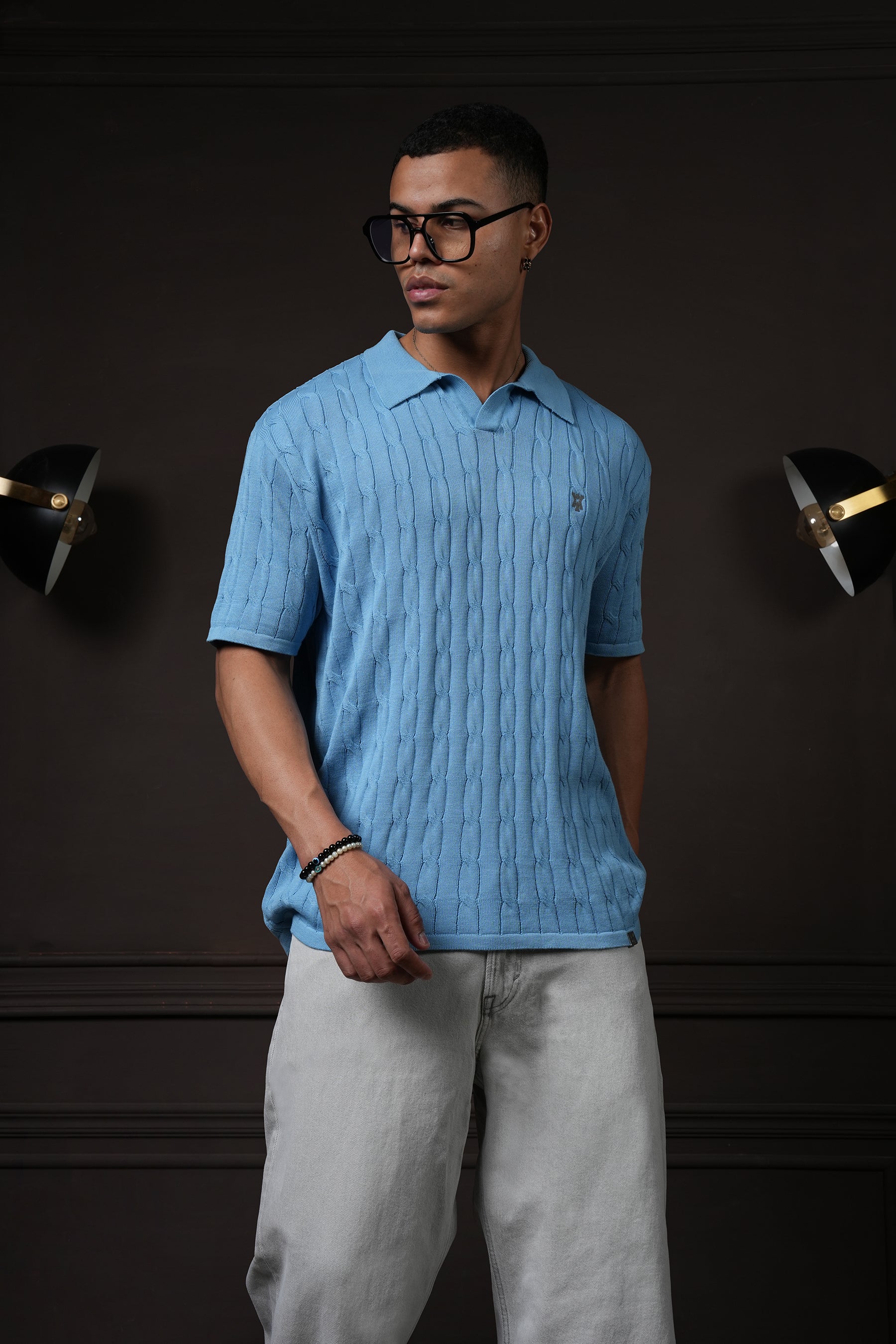 Y*all Pristine Cable Knit Polo - Cornflower Blue - view 6
