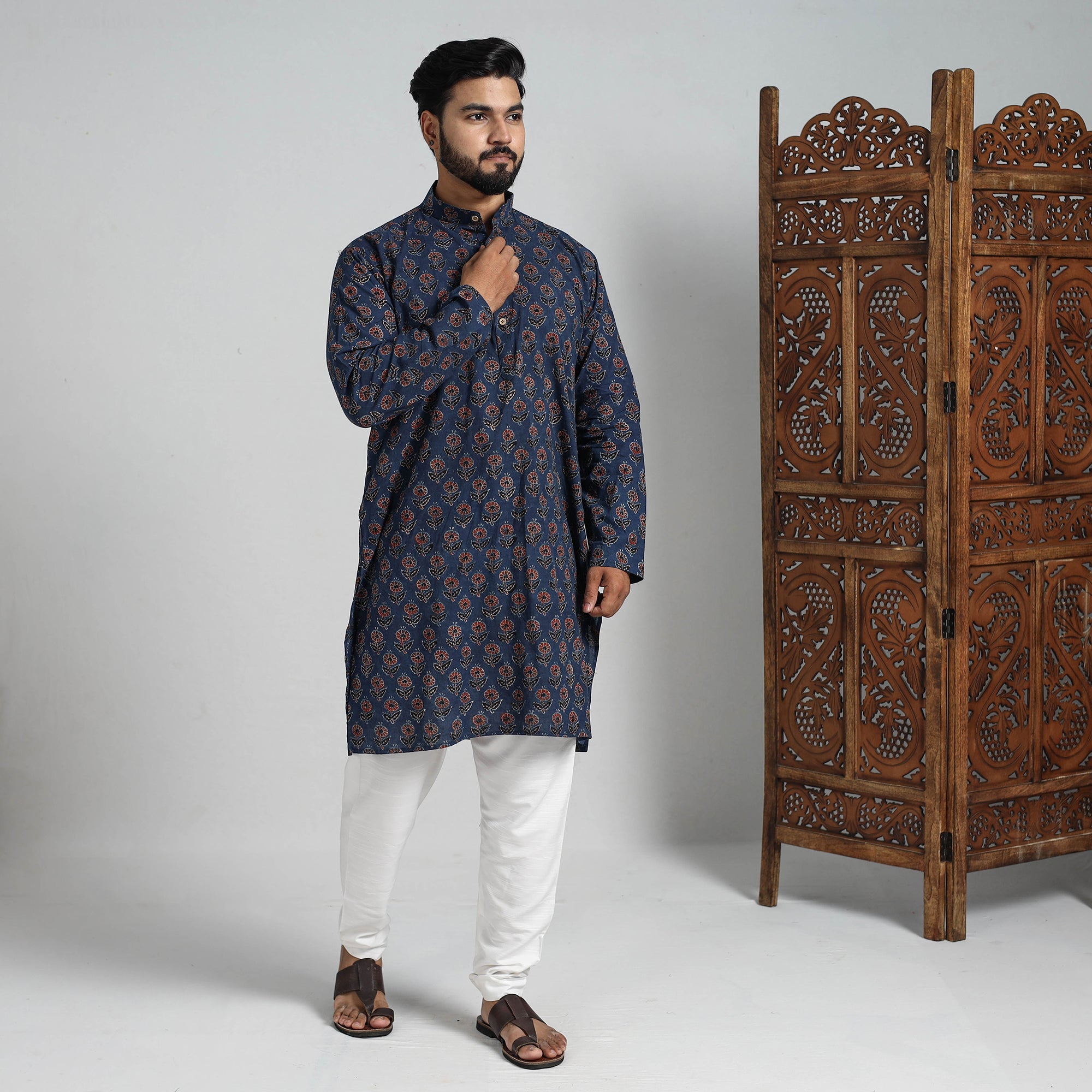 ITOKRI CASUALS Ajrakh Block Printed Cotton Men Long Kurta 18
