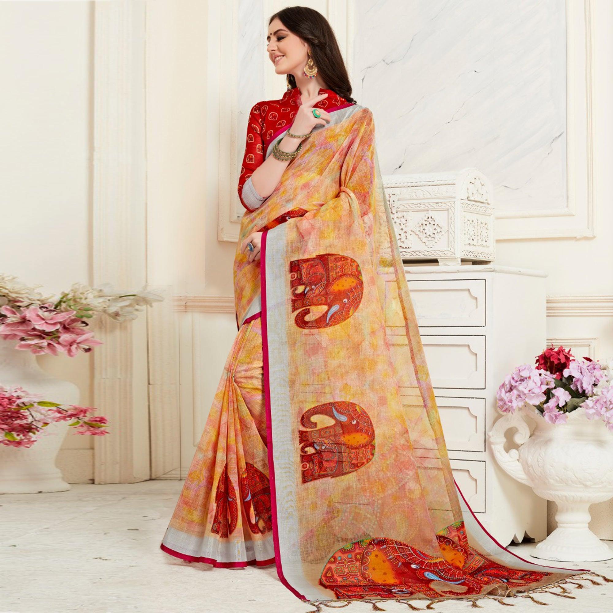 Peachmode Glorious Multi Colored Casual Elephant Digital Printed Linen Saree